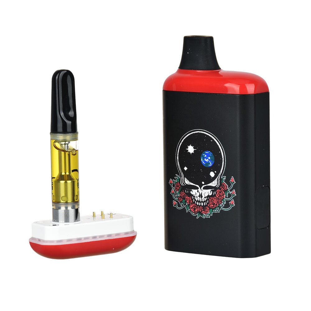 Front view of the Grateful Dead x Pulsar 510 DL 2.0 Pro Auto-Draw VV Vape Bar featuring colorful artwork on a black rectangular body.