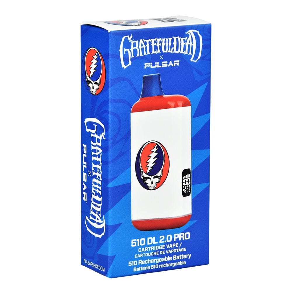 Front view of the Grateful Dead x Pulsar 510 DL 2.0 Pro Auto-Draw VV Vape Bar, displaying branding and a sleek, cylindrical design.