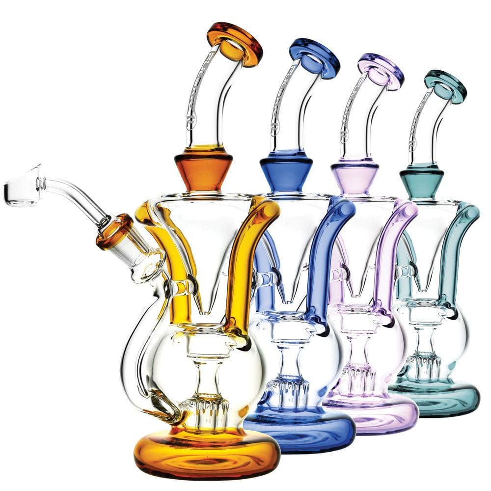 A side view of the Gravity Ball Rig Recycler, showing a clear glass recycler with a rounded base and curved neck.