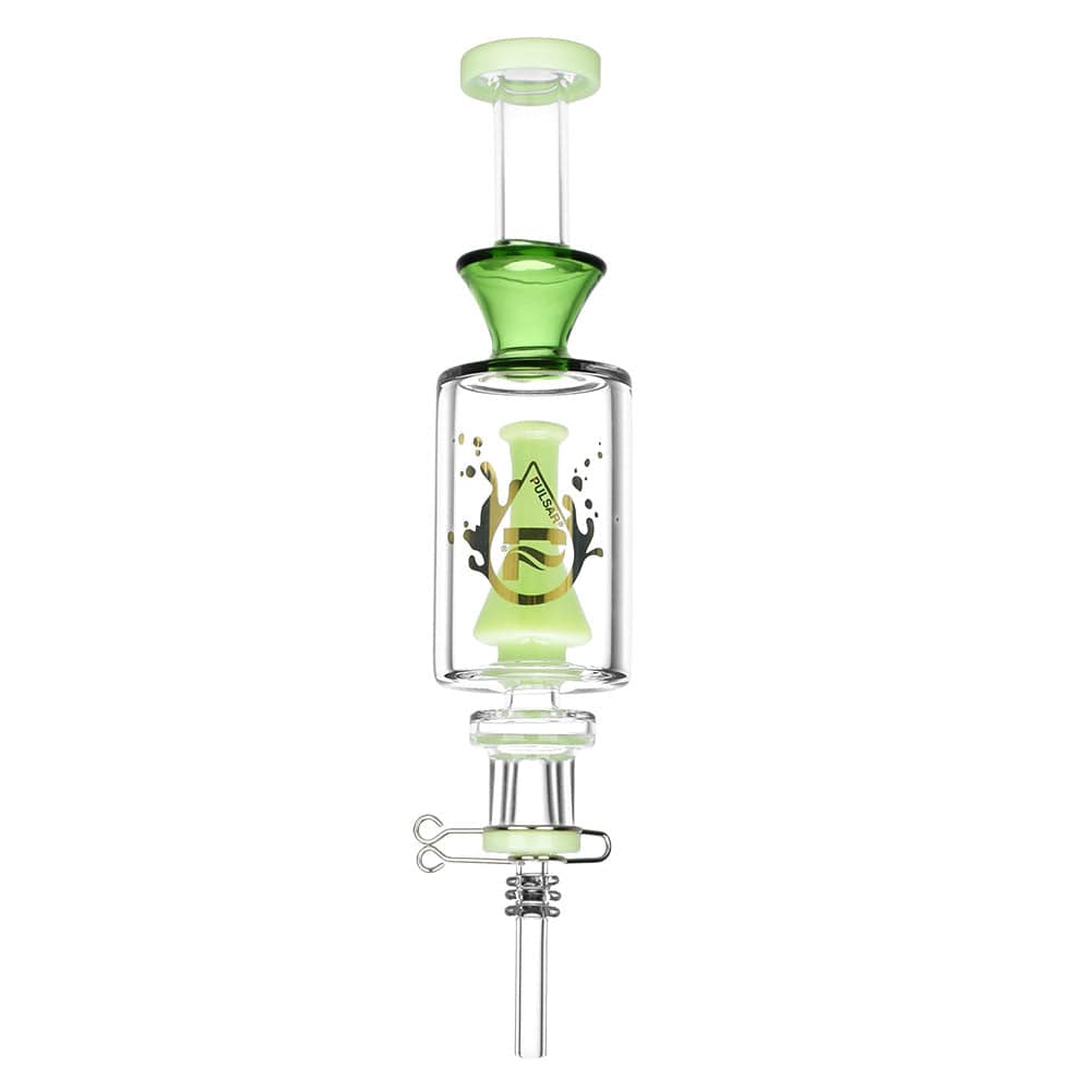 A front view of the Pulsar Beaker Perc Vapor Vessel 2.0| displaying a clear glass construction with a visible quartz tip and joint.