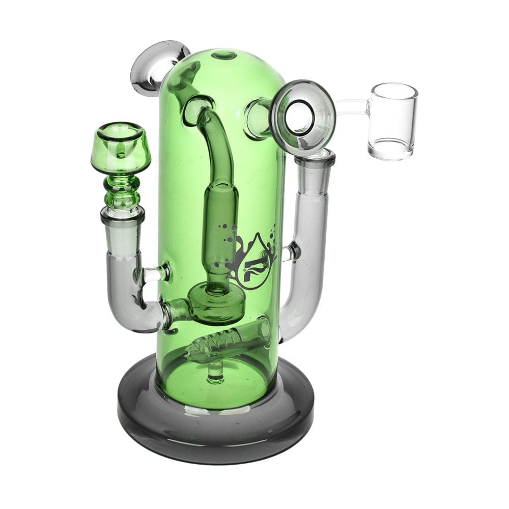 A studio shot of the 8-inch Pulsar Double Trouble Dry Pipe/Dab Rig, displaying its clear glass construction and curved neck design.