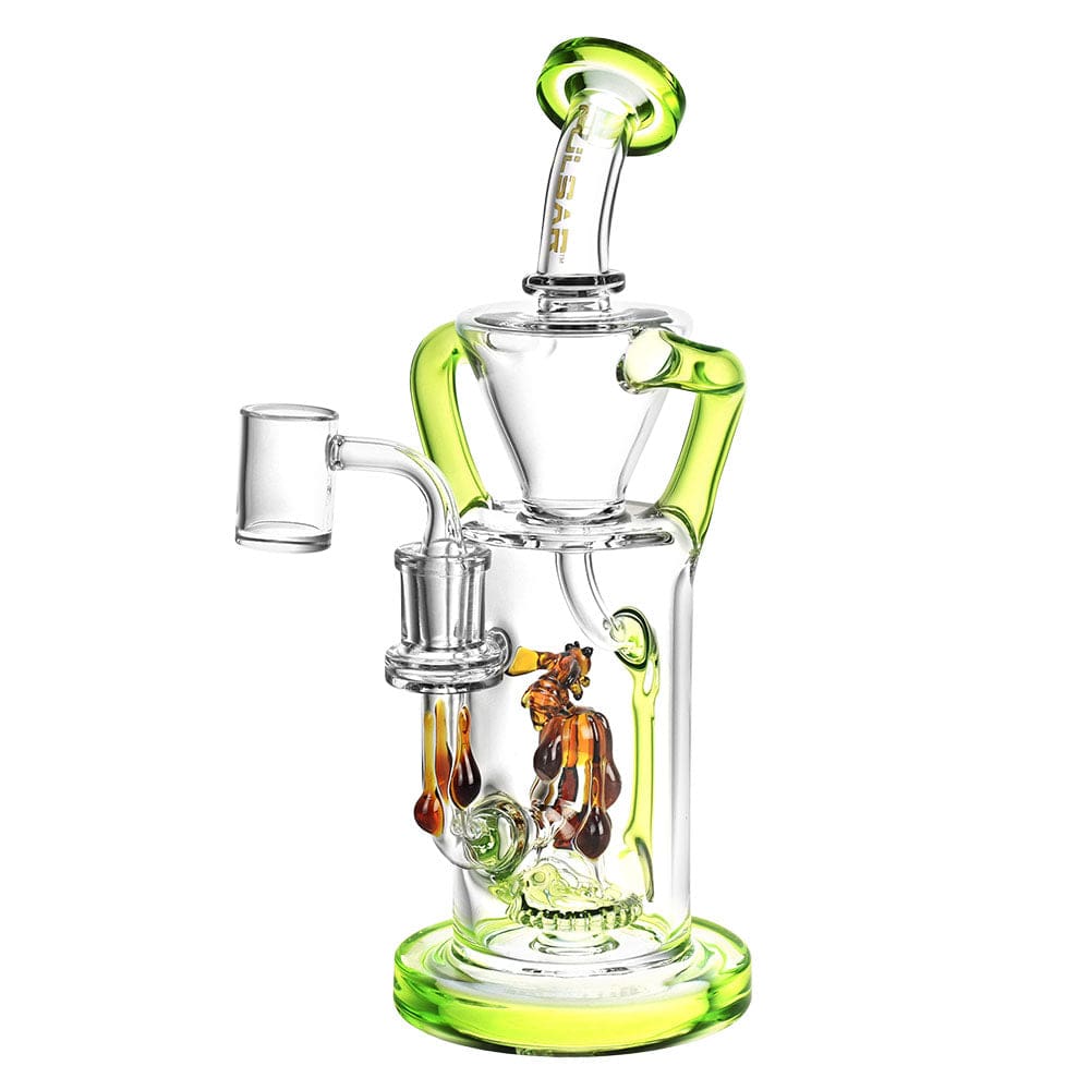 A three-quarter view of the Pulsar Honey Sweetness Recycler Dab Rig, showcasing its colorful glass and unique recycler design.