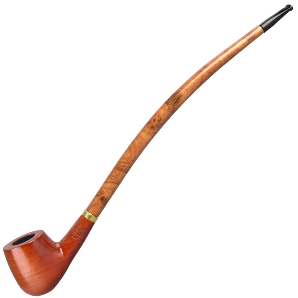 A side view of the Shire Pipes Apple Churchwarden Cherry Wood Tobacco Pipe, showcasing its long, curved stem and polished wood finish.