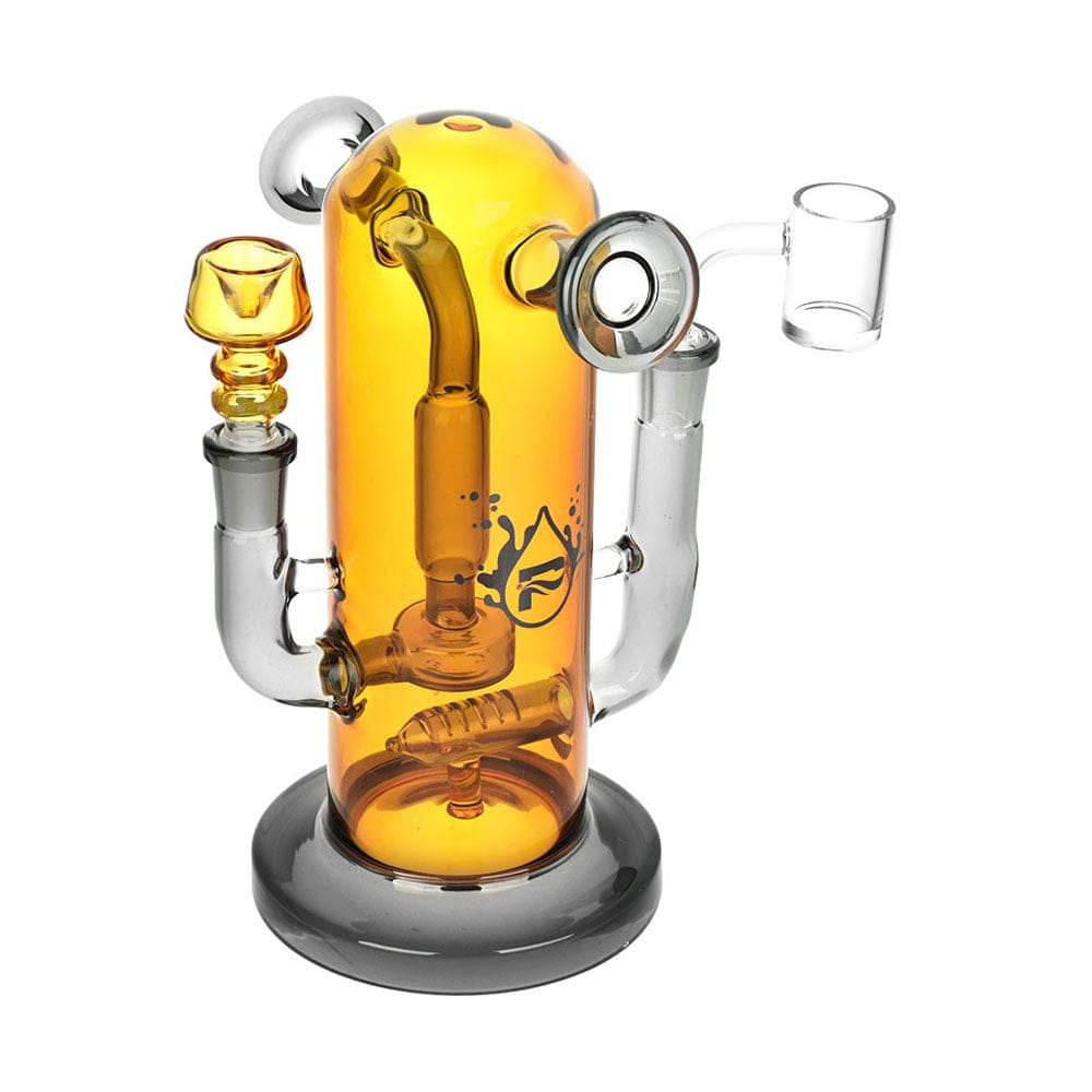 A studio shot of the 8-inch Pulsar Double Trouble Dry Pipe/Dab Rig, showing its clear glass construction and unique, curved design.