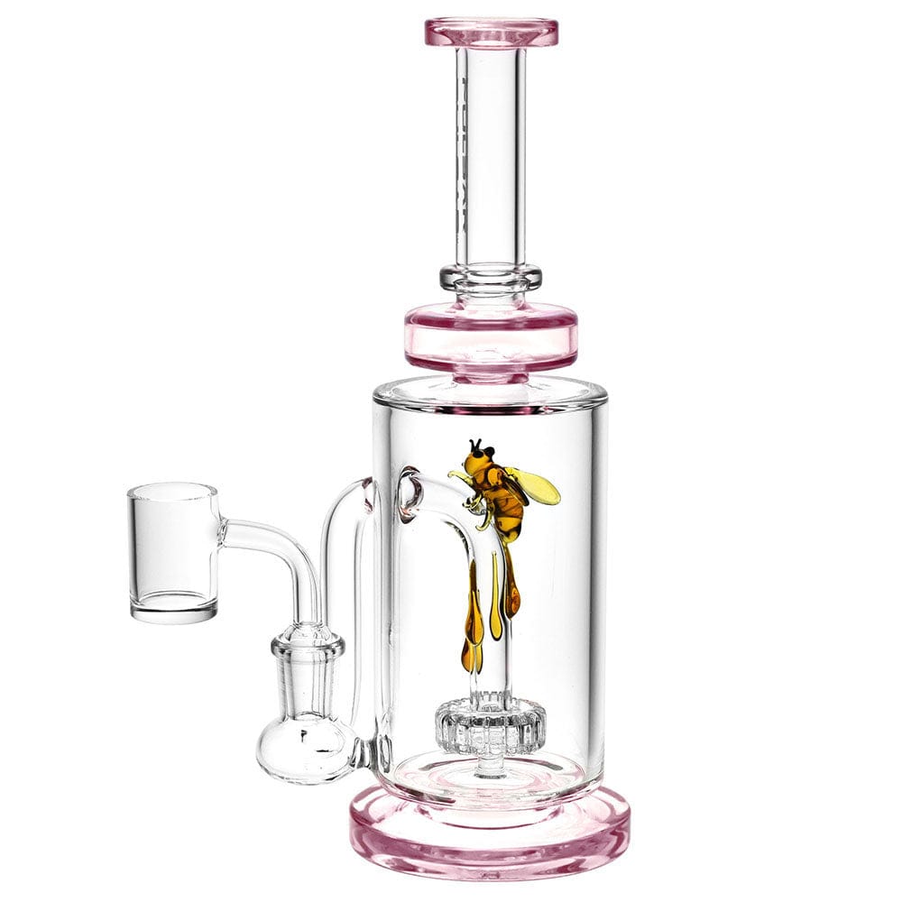 A side view of the Pulsar Drop Down Bee Dab Rig features a colorful bee encased within the clear glass structure.