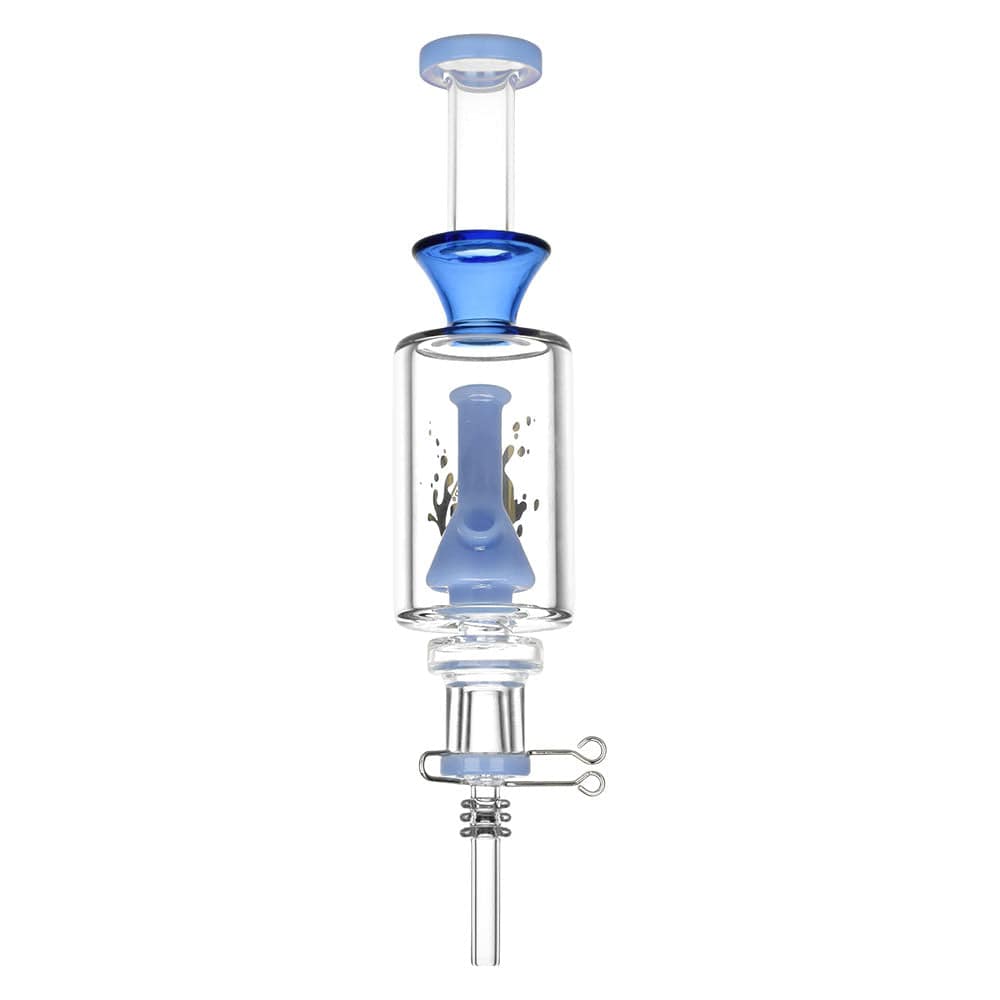 Front view of the Pulsar Beaker Perc Vapor Vessel 2.0| a clear glass water pipe with a blue accent and quartz tip.