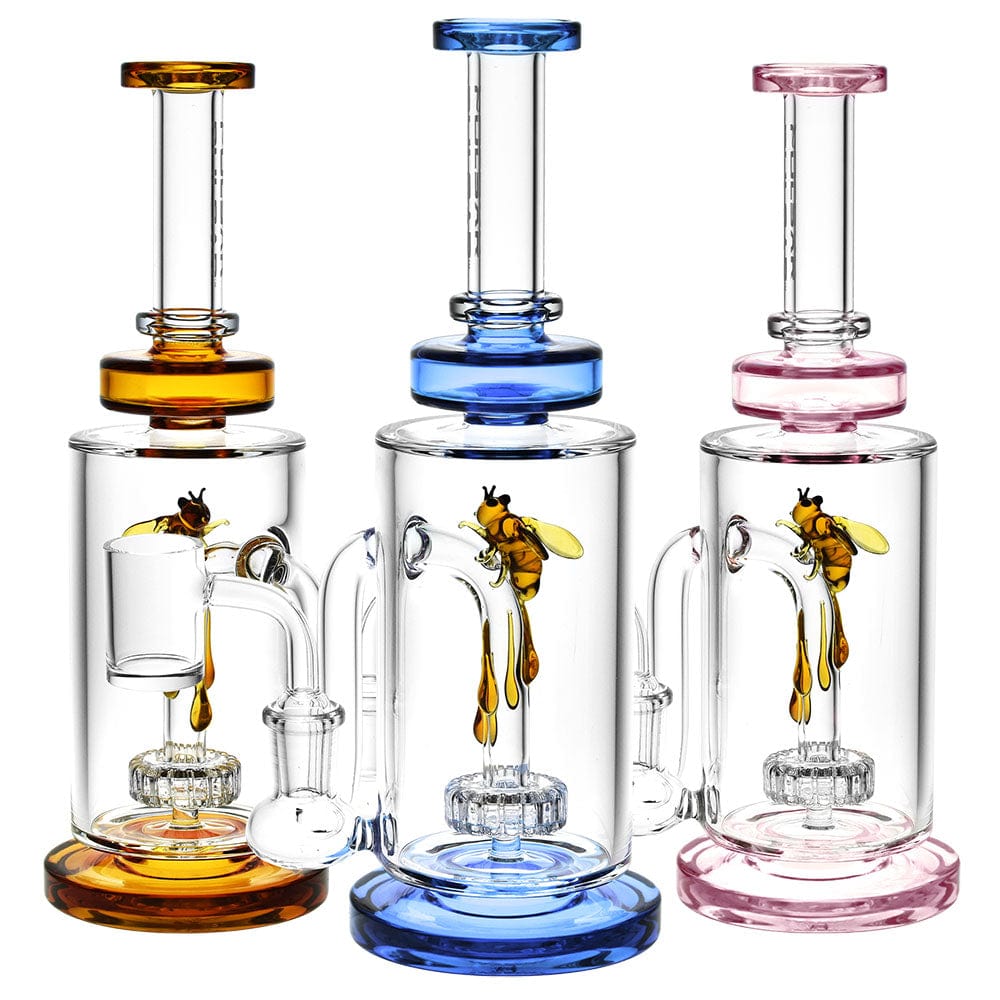 A front view of the Pulsar Drop Down Bee Dab Rig, showcasing a colorful glass piece with bee-themed details.