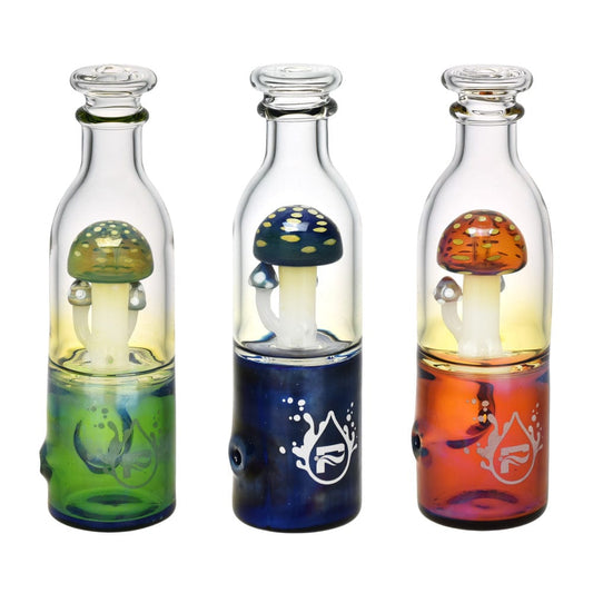 Front view of the 5.5" Pulsar Fungi Trio in Bottle Hand Pipe, showcasing three colorful mushroom-shaped pipes within clear glass bottles.