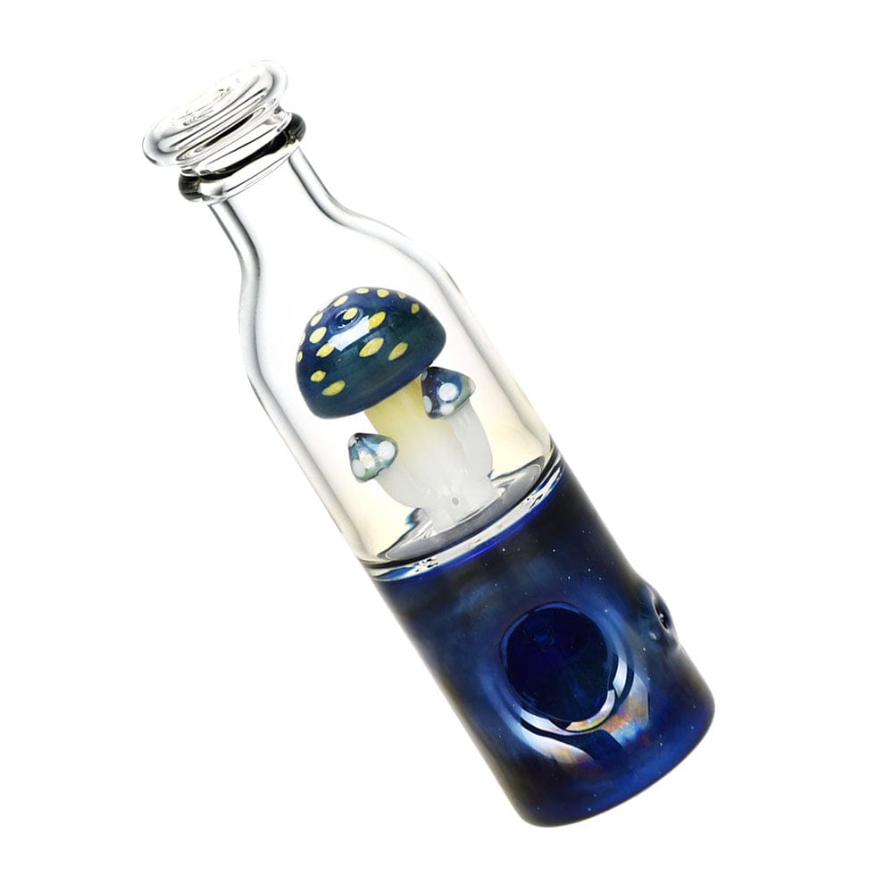 A side view of the 5.5" Pulsar Fungi Trio in Bottle hand pipe, showcasing a clear glass design with three mushroom-shaped accents.