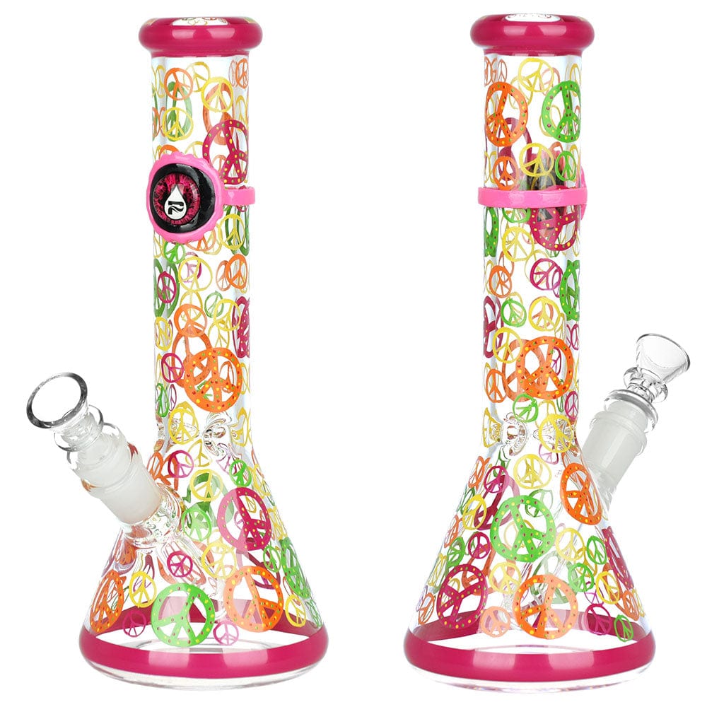 Front view of the Pulsar Peacekeeper Beaker Water Pipe, a clear glass beaker with colorful peace signs and a pink rim.
