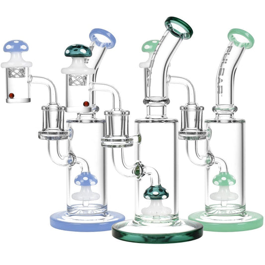A side view of the Pulsar Shroom Rig Set w/ Carb Cap, displaying two colorful, mushroom-shaped rigs against a plain white background.