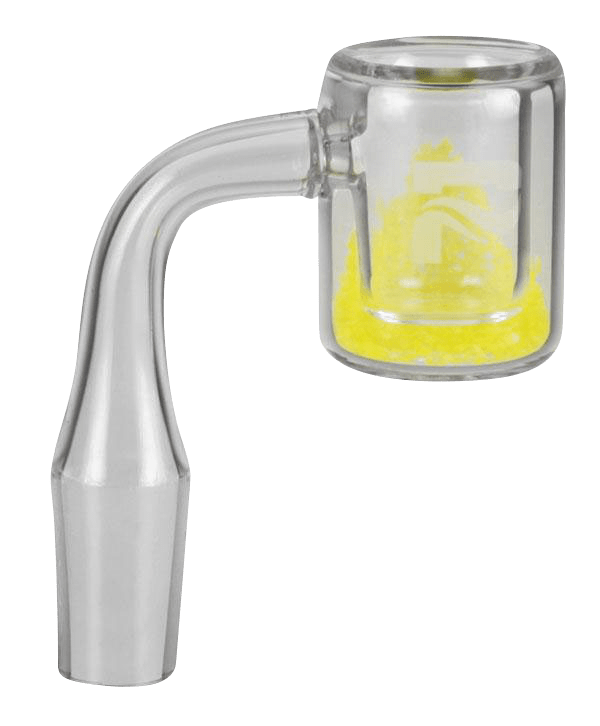 A close-up of the Pulsar Color Changing Thermal Quartz Banger, showing a clear quartz vessel with a colorful, swirling interior.