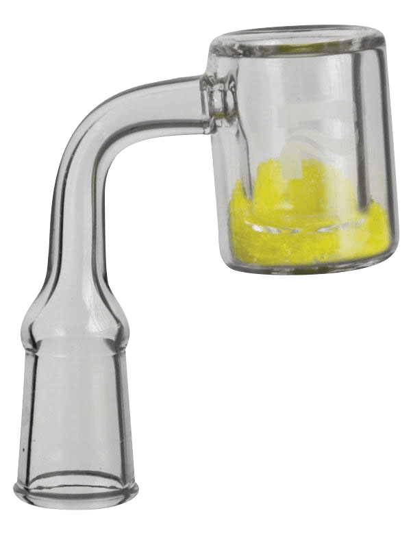 A close-up shows the Pulsar Color Changing Thermal Quartz Banger with a vibrant yellow thermal insert visible inside the clear quartz.