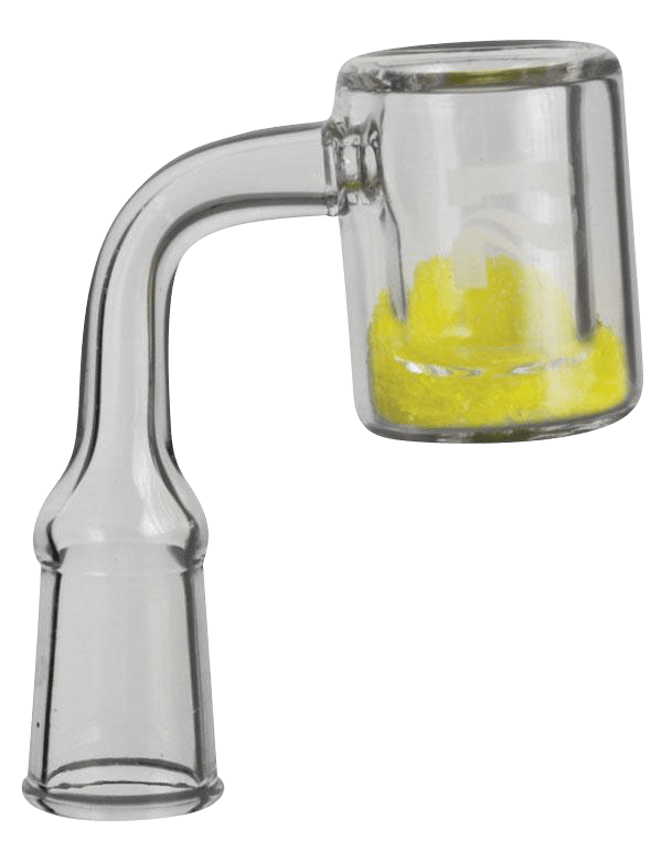A close-up of the Pulsar Color Changing Thermal Quartz Banger displaying a vibrant yellow hue within its quartz bowl.