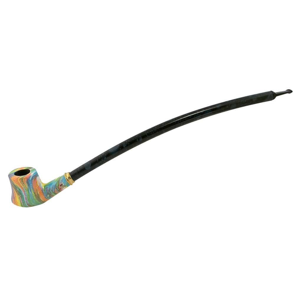 A side view of the Shire Pipes Rainbow Cherry Wood Tobacco Pipe, showing its curved stem and wood grain finish.
