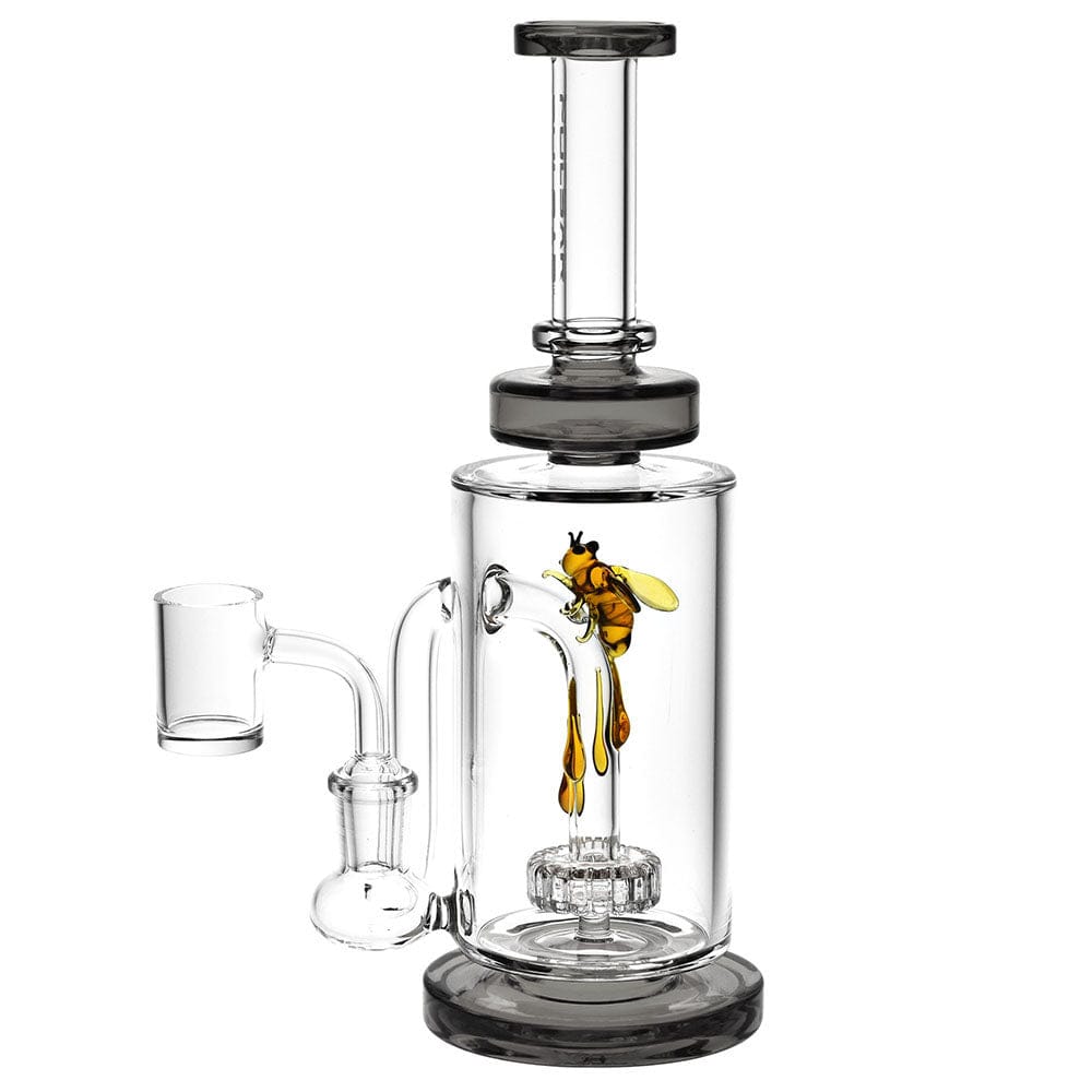 Front view of the Pulsar Drop Down Bee Dab Rig, featuring a sculpted bee inside the clear glass body.