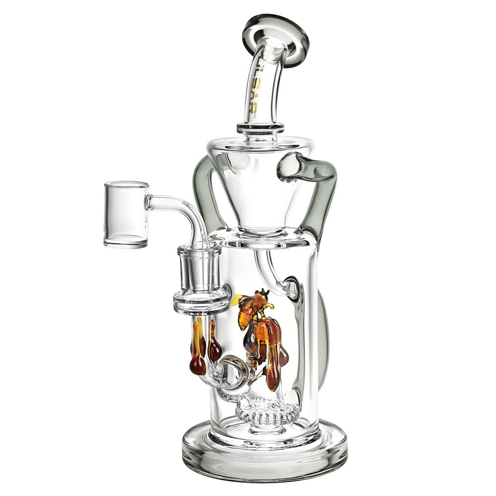 A three-quarter view of the Pulsar Honey Sweetness Recycler Dab Rig, featuring colorful glass accents and a complex internal structure.