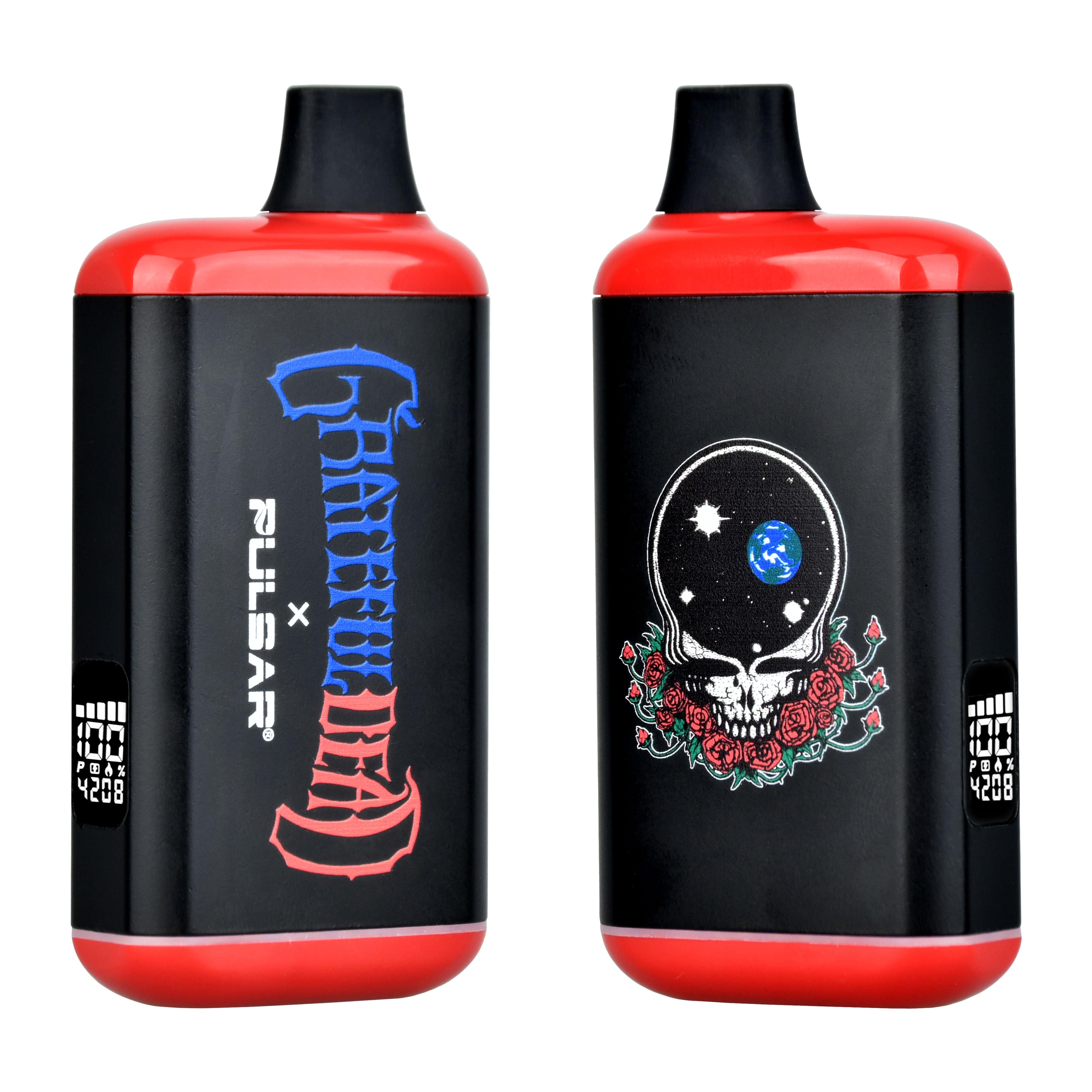 Front view of the Grateful Dead x Pulsar 510 DL 2.0 Pro Auto-Draw VV Vape Bar featuring floral artwork on a black background.