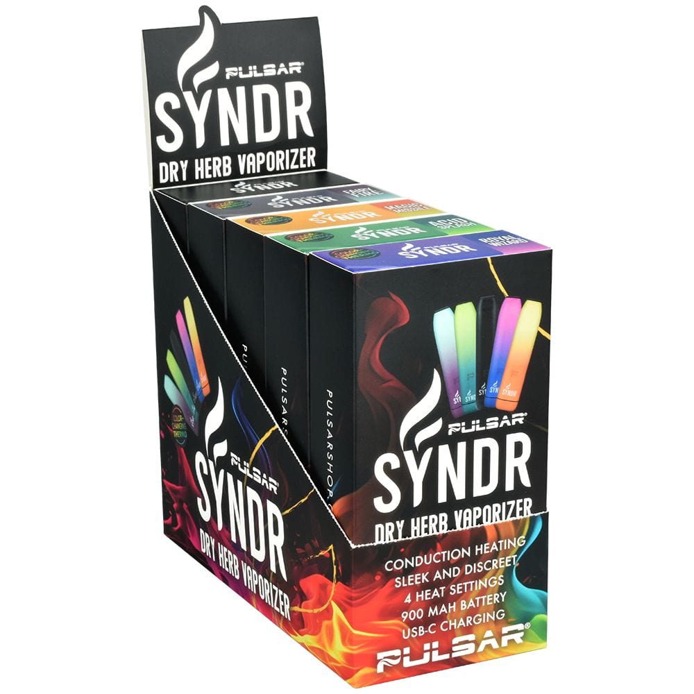 Front view of the Syndr Dry Herb Vaporizer, with bold graphics and a sleek, black design against a dark backdrop.