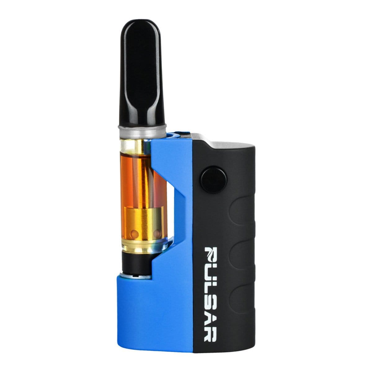 Front view of the Pulsar GIGI Vaporizer, a compact, silver and blue device with a transparent chamber visible in the center.