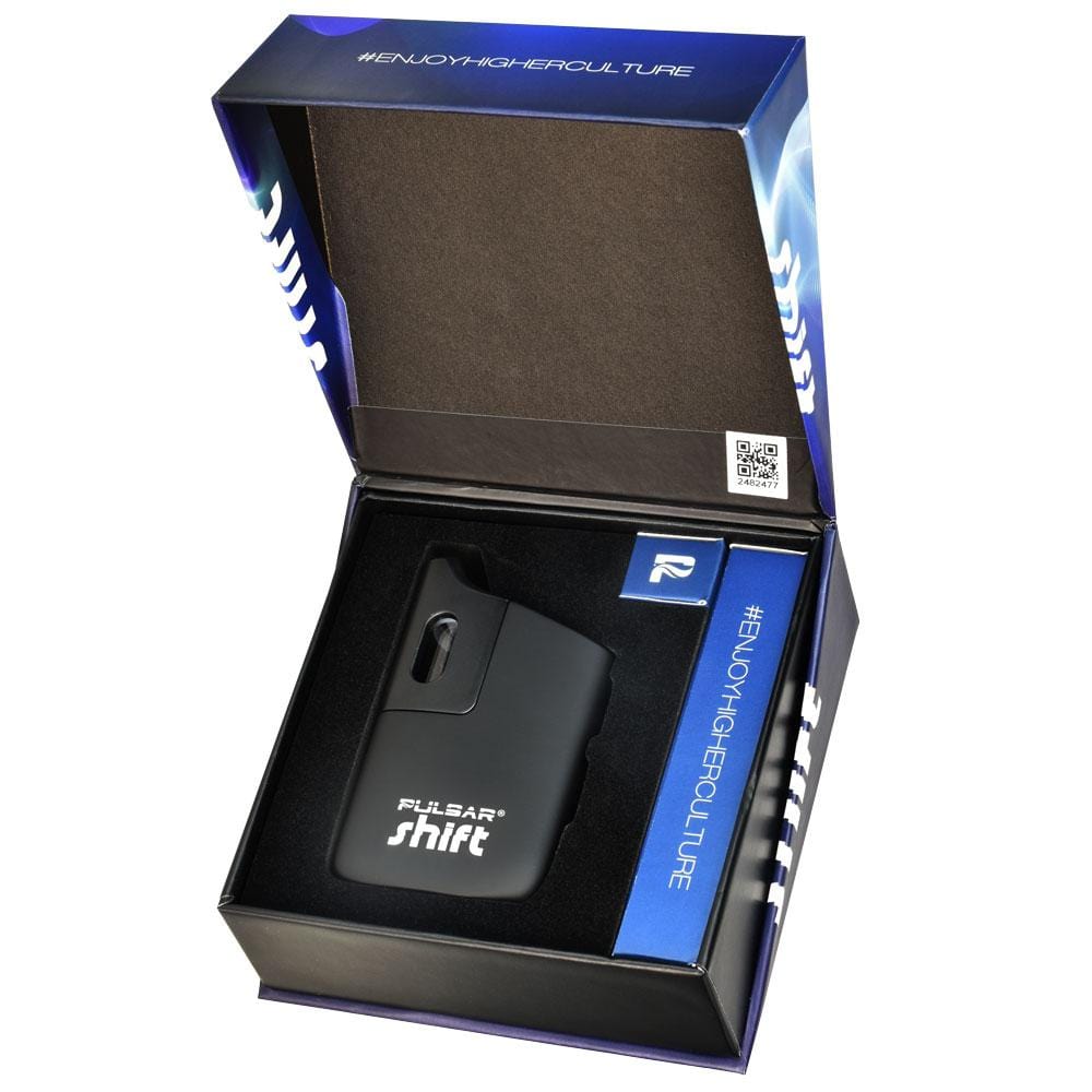 Front view of the Pulsar Shift Dry Herb Vaporizer, showing the device's sleek design against a dark background.