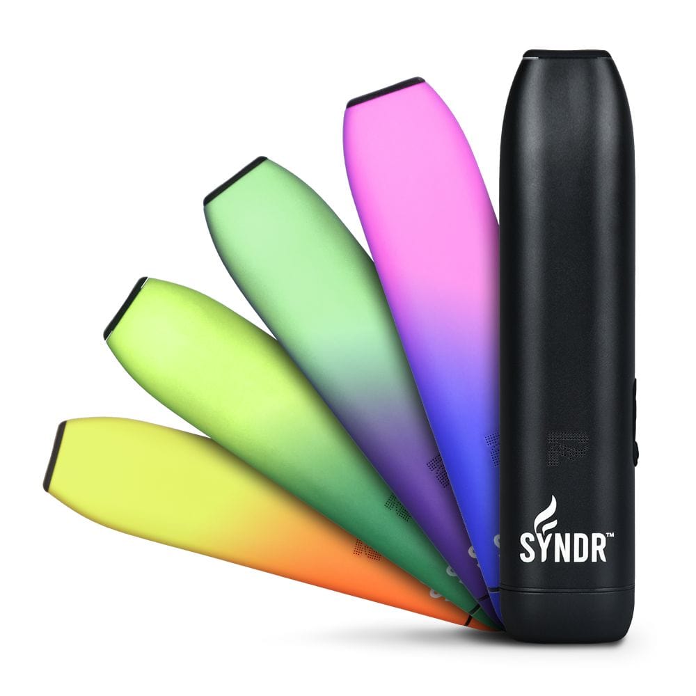 A vibrant, angled display of the Syndr Dry Herb Vaporizer  880mah in an array of bright colors against a dark background.