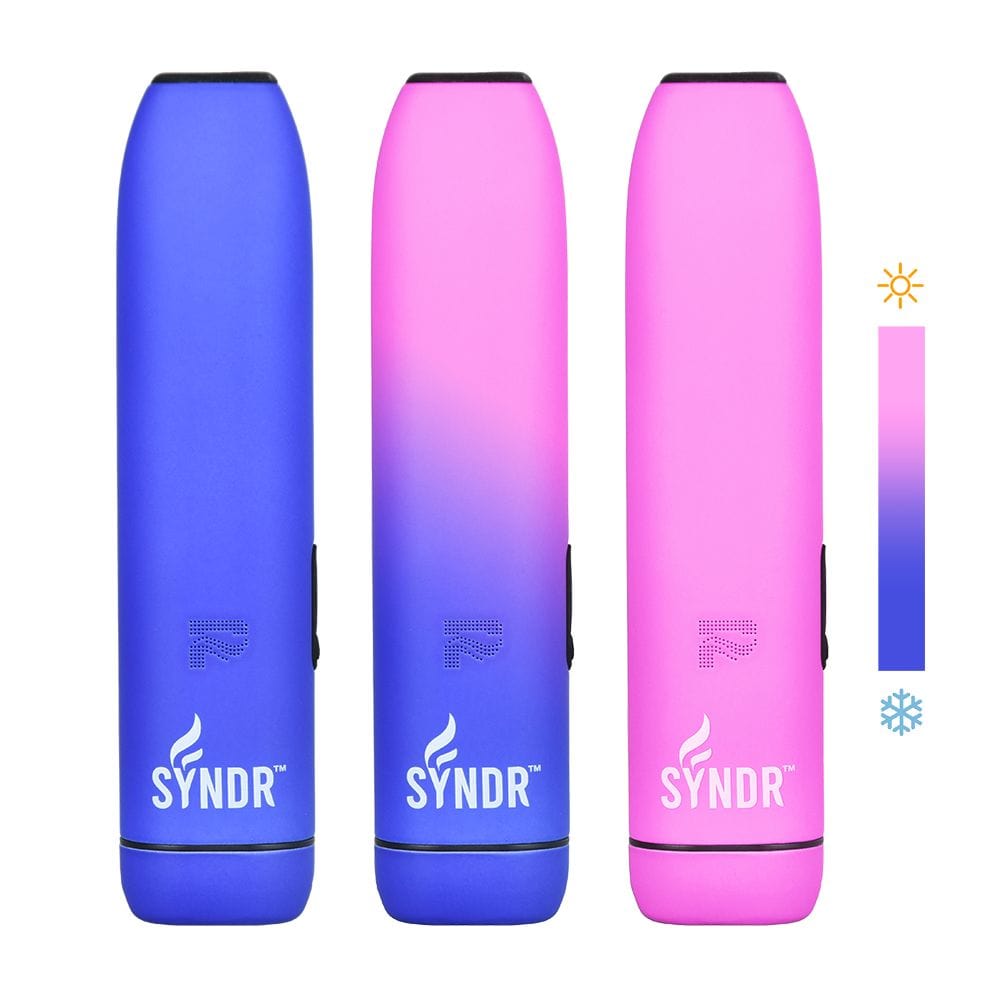 Front view of the Syndr Dry Herb Vaporizer  880mah, a sleek, silver-toned device against a plain white background.