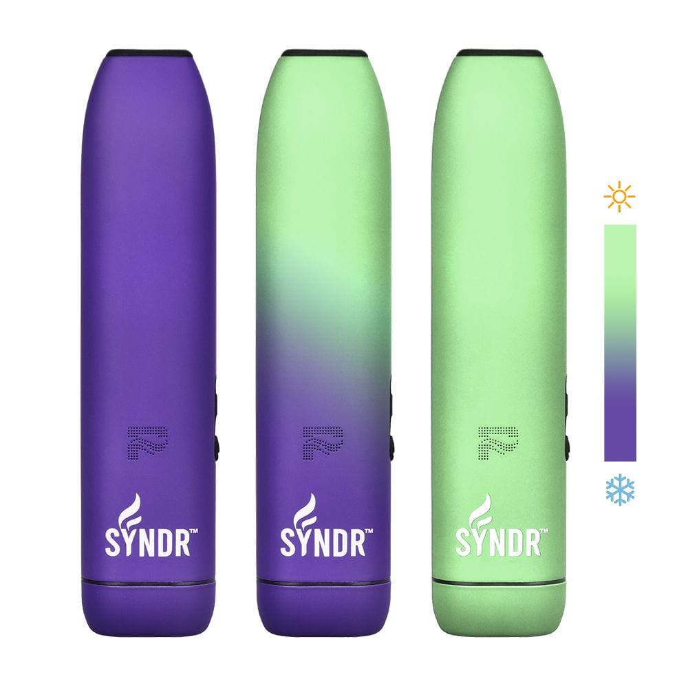 Front view of the Syndr Dry Herb Vaporizer, a sleek, silver device on a dark background.