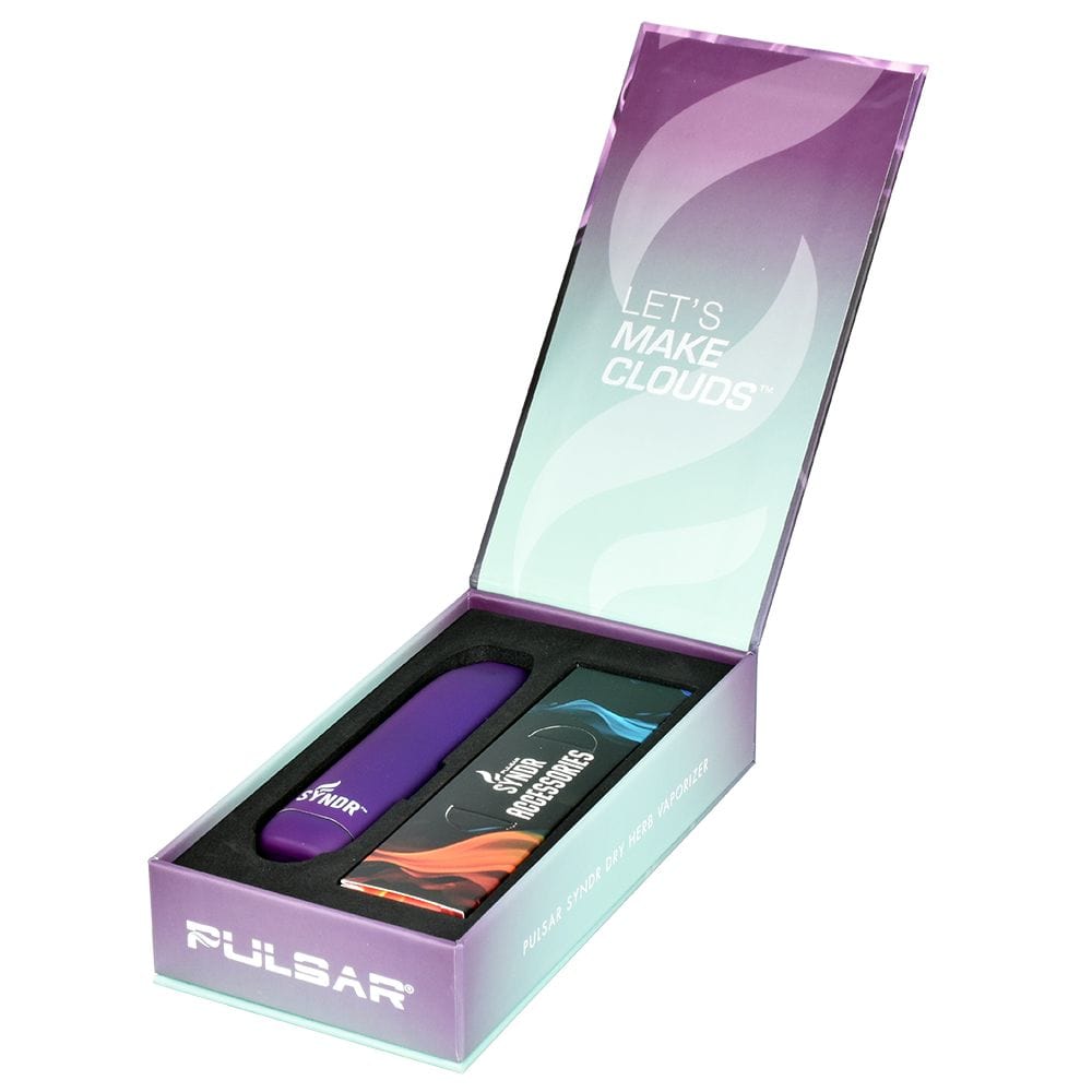 A studio shot of the Syndr Dry Herb Vaporizer, showcasing its sleek, black design within its branded packaging.