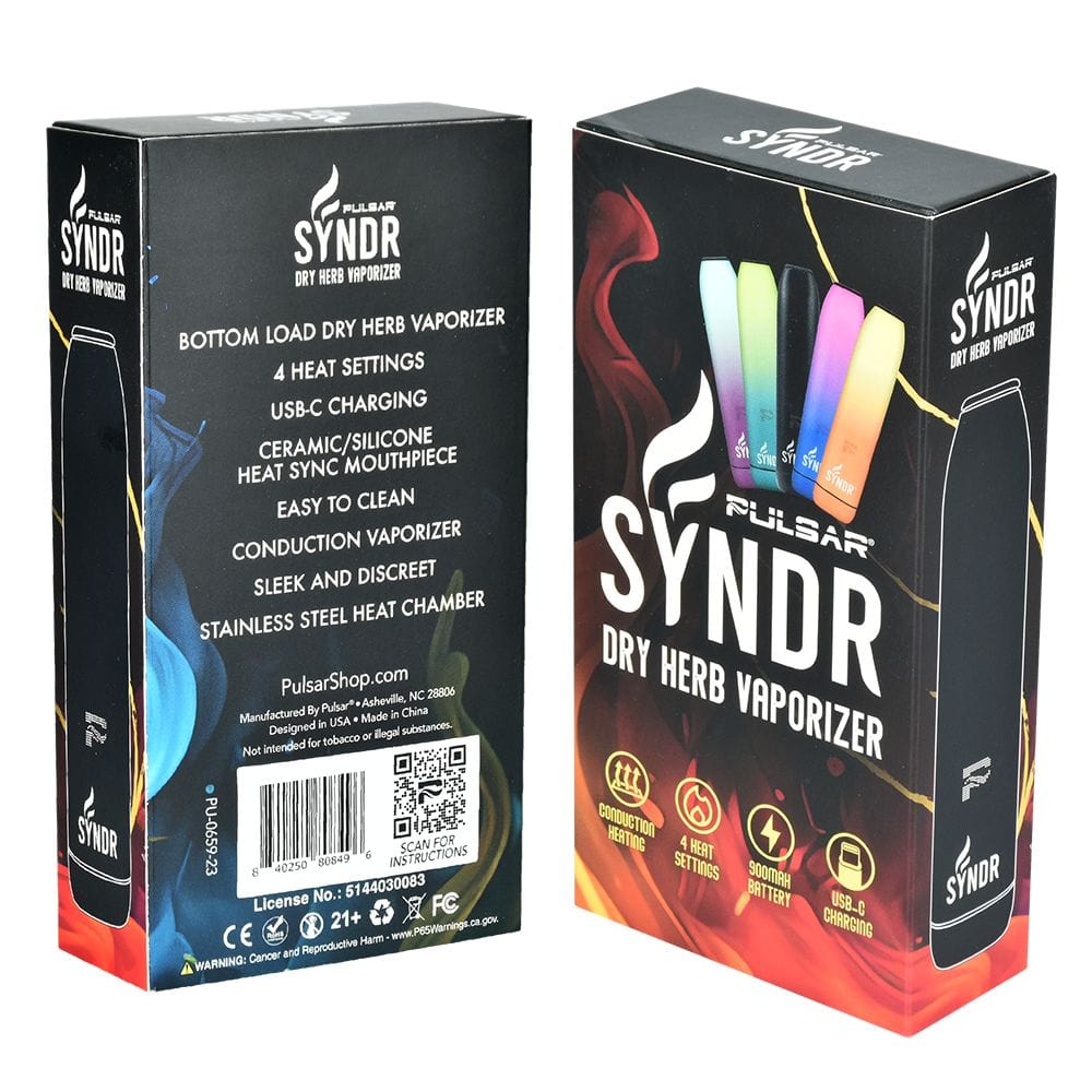 Front view of the Syndr Dry Herb Vaporizer, showing its sleek design and branding against a dark background.