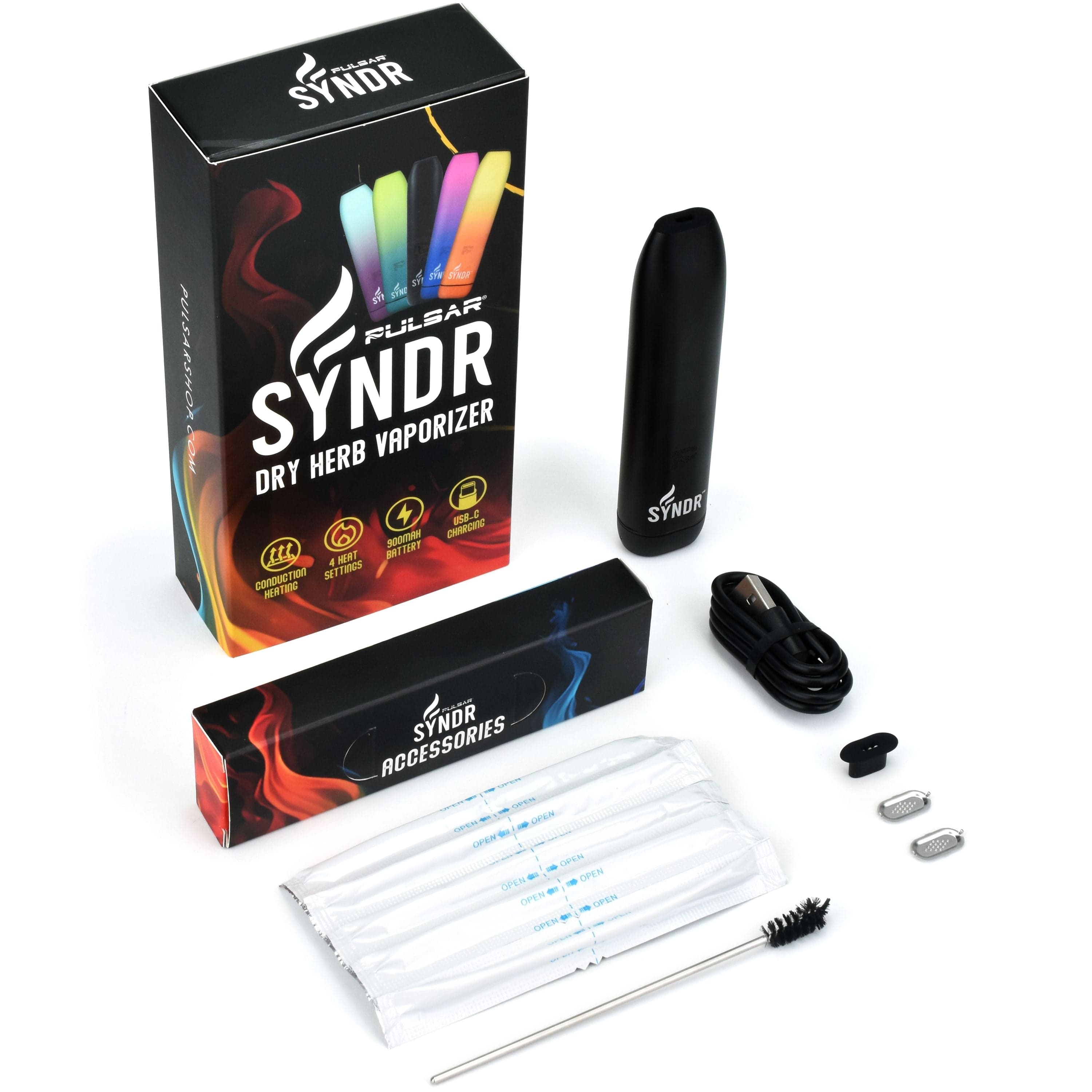 Front view of the Syndr Dry Herb Vaporizer  880mah, showcasing its sleek black design against a dark background.
