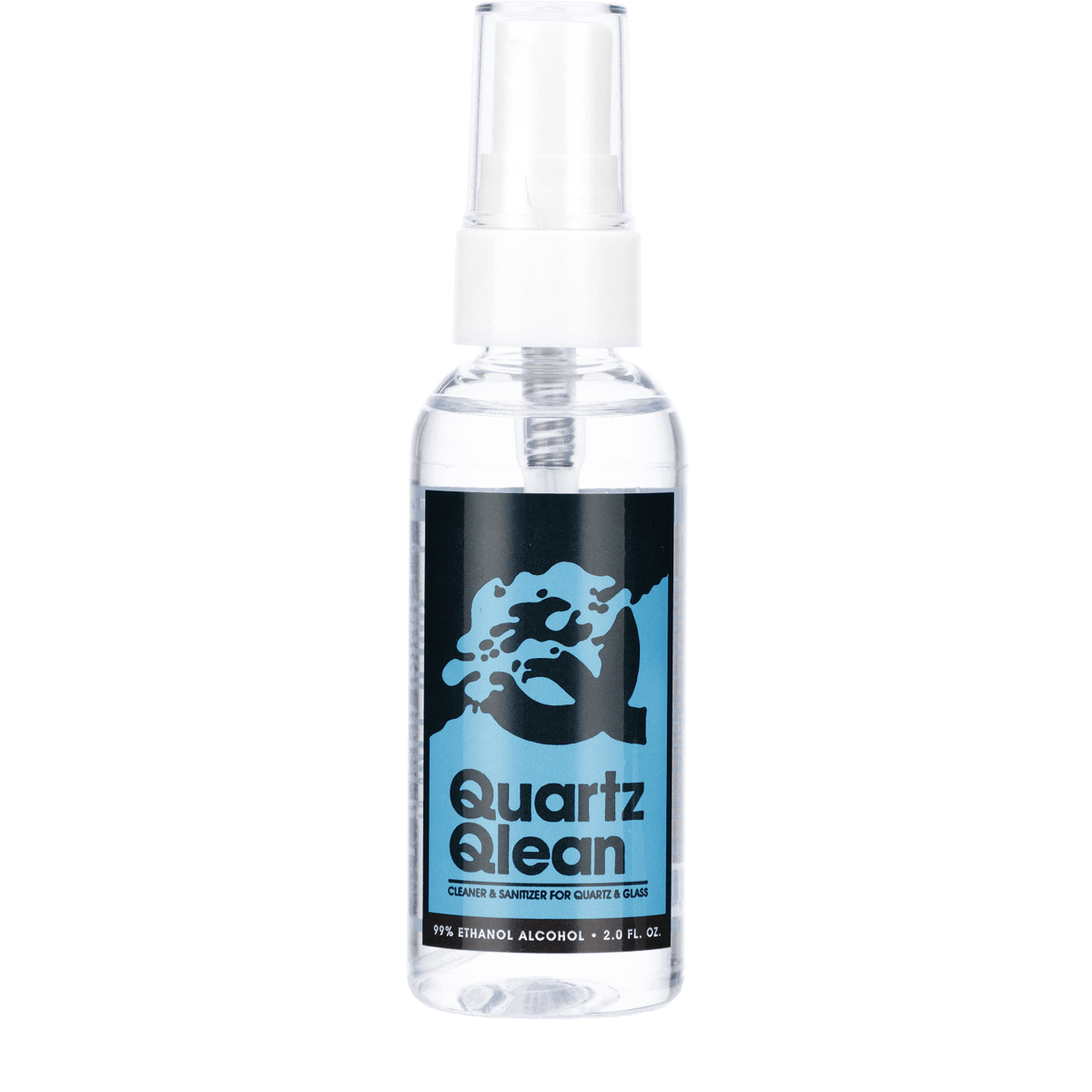 Front view of the Quartz Qlean 2oz. spray bottle, showing a clear plastic container with a black label against a white background.