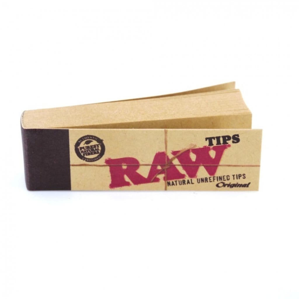 A close-up shot of stacked RAW Rolling Tips, displaying the brand name in bold lettering across the booklet's front.