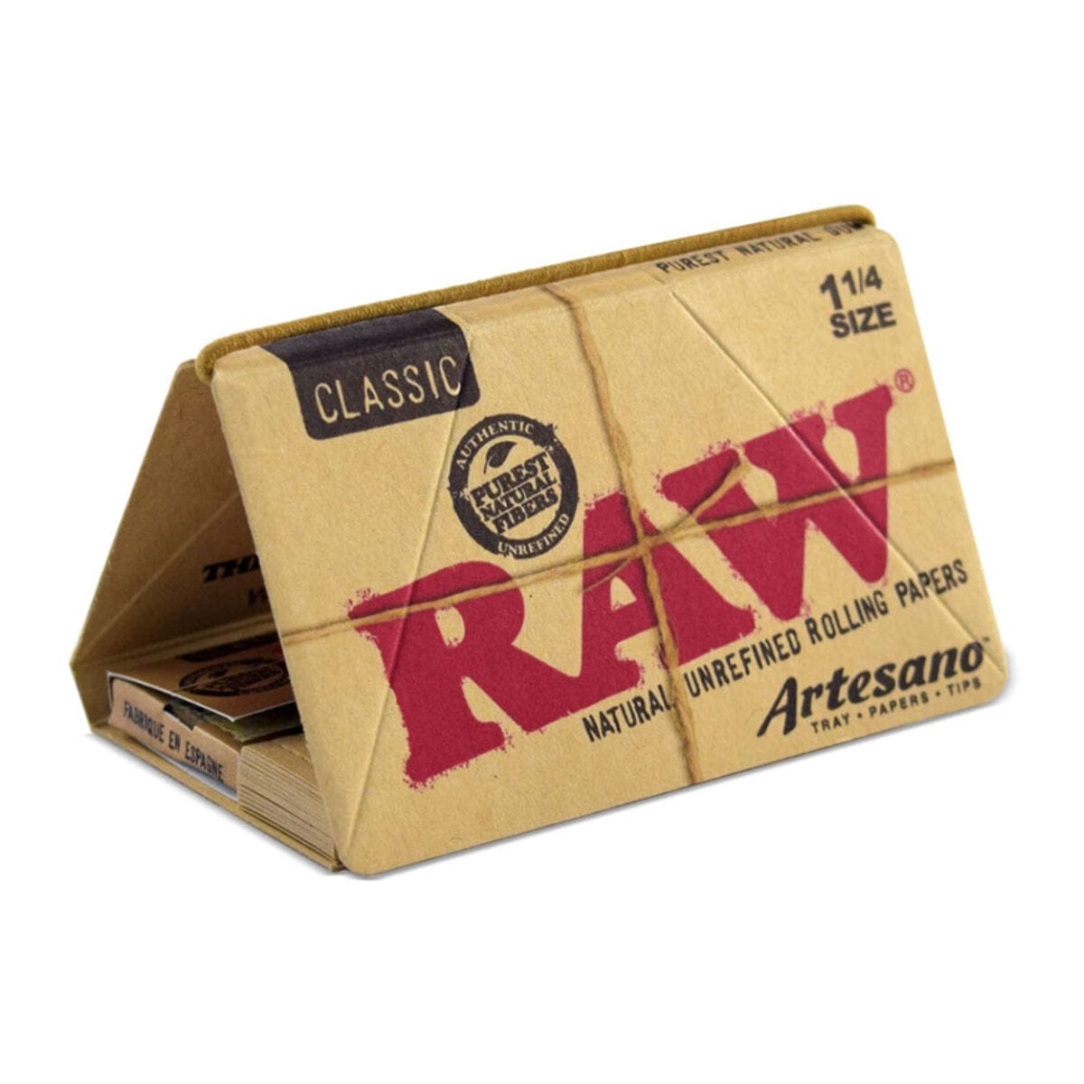 RAW "Artesano" Papers + Tips are displayed in a close-up, angled shot, showing the textured packaging and product details.