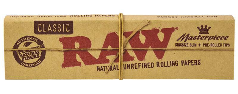 Front view of the "Raw "Masterpiece" Papers + Prerolled Tips" pack, showing a textured brown paper background with branding details.