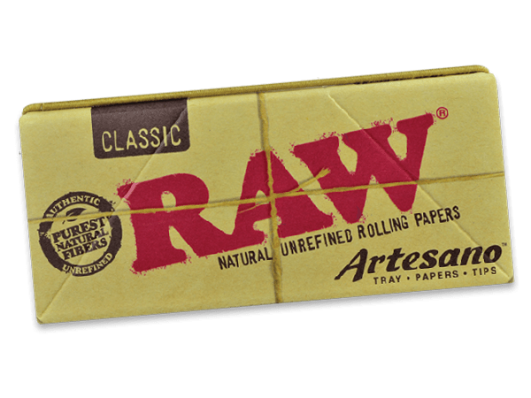A close-up of the “RAW “Artesano” Papers + Tips” packaging, showcasing the brand logo and design on a light background.