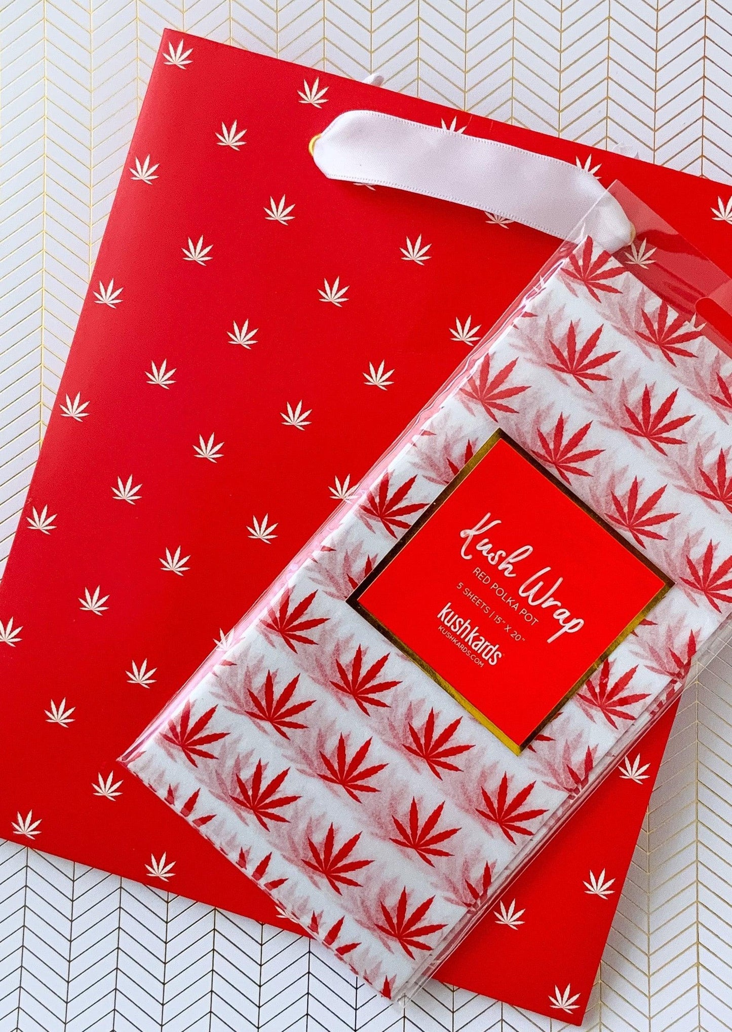 KushKards Gift Bag & Tissue Gift Bag & Tissue Paper Combo Red & White Pot Leaf Print Gift Bag