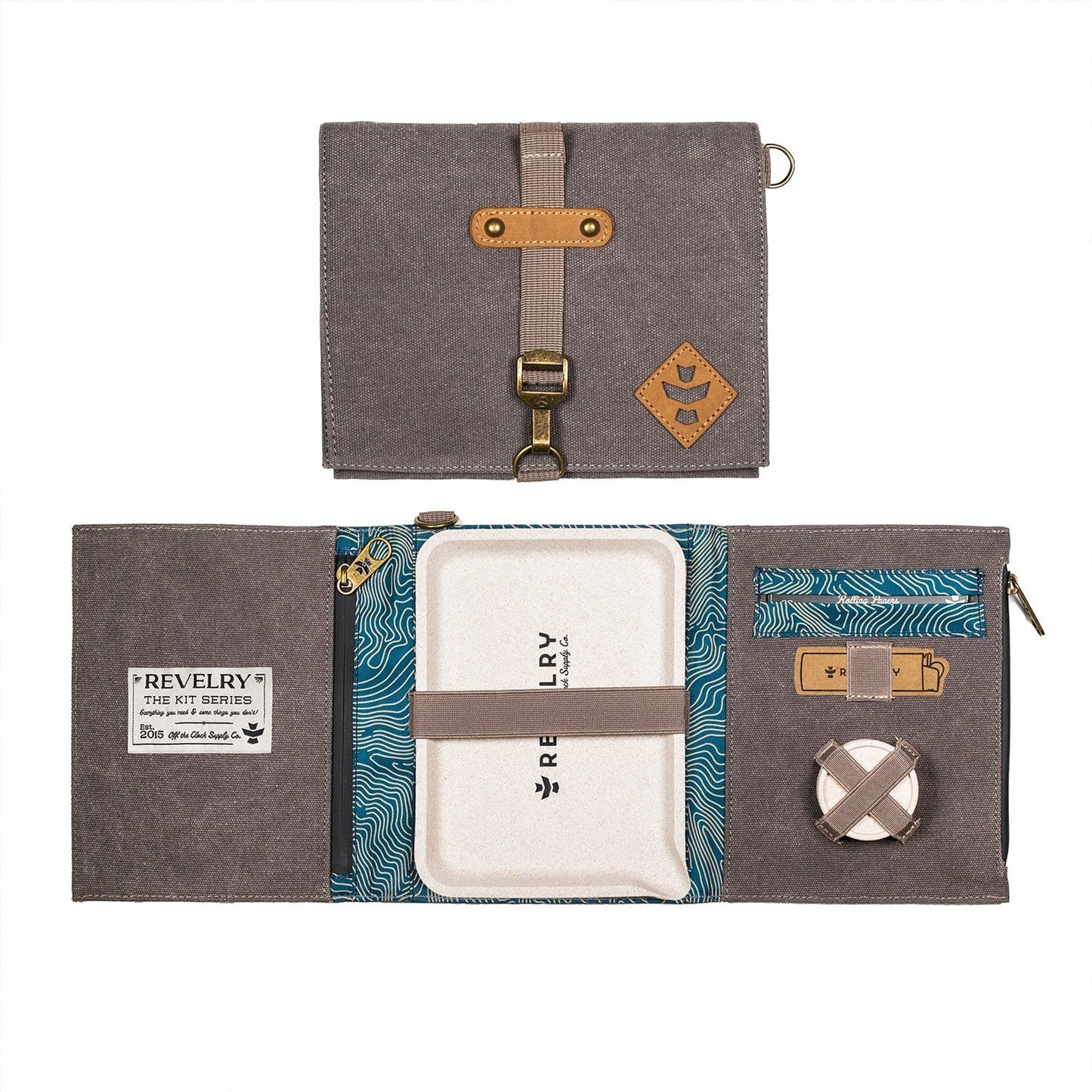 Front view of The Rolling Kit - Smell Proof Kit, a dark grey carrying case with a branded label, laid flat against a textured teal background.