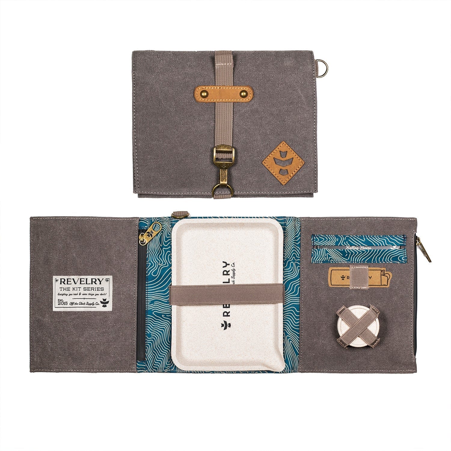 Front view of The Rolling Kit - Smell Proof Kit, a dark grey carrying case with a branded label, laid flat against a textured teal background.