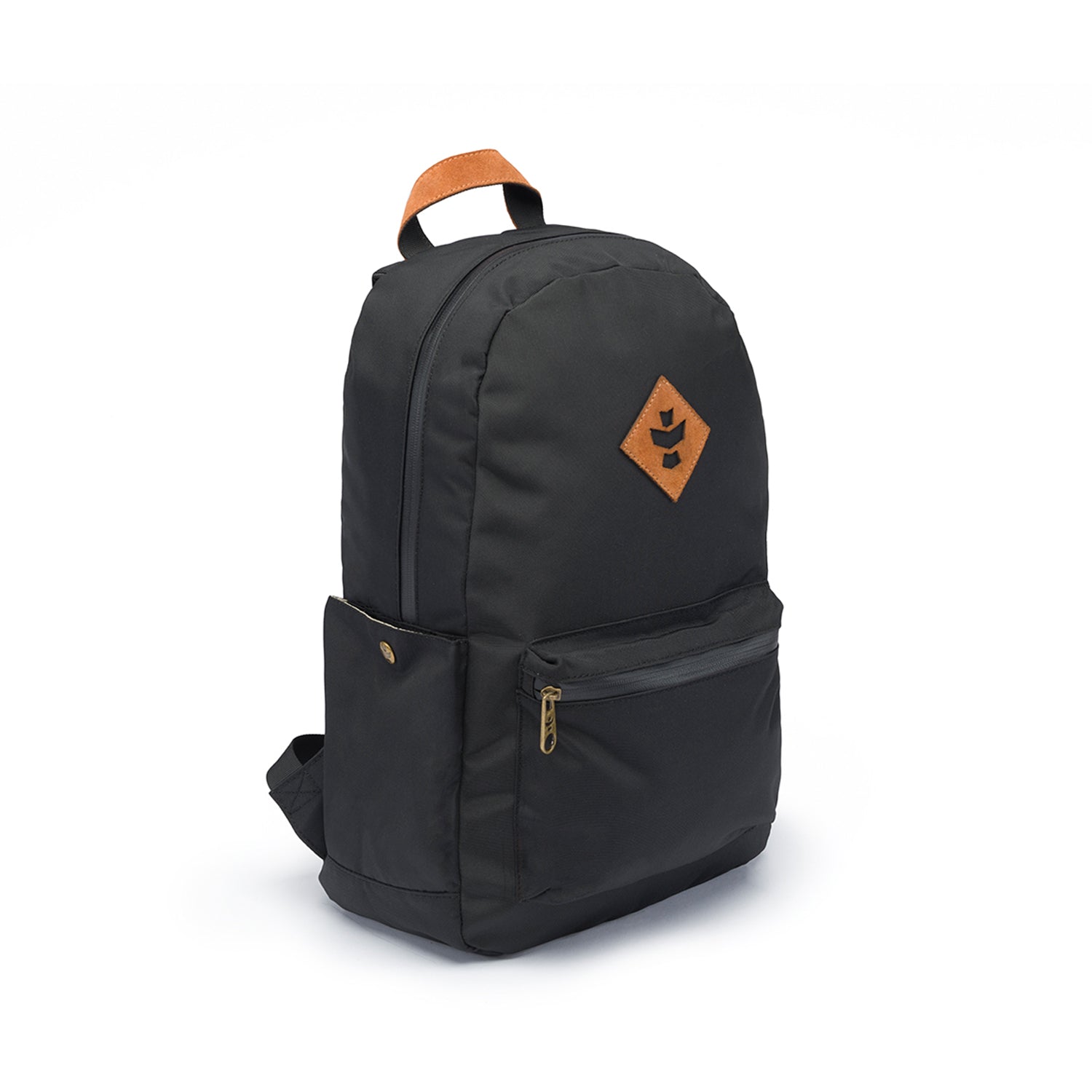 Front view of The Explorer - Smell Proof Backpack, a black backpack with a zippered pocket and adjustable shoulder straps.