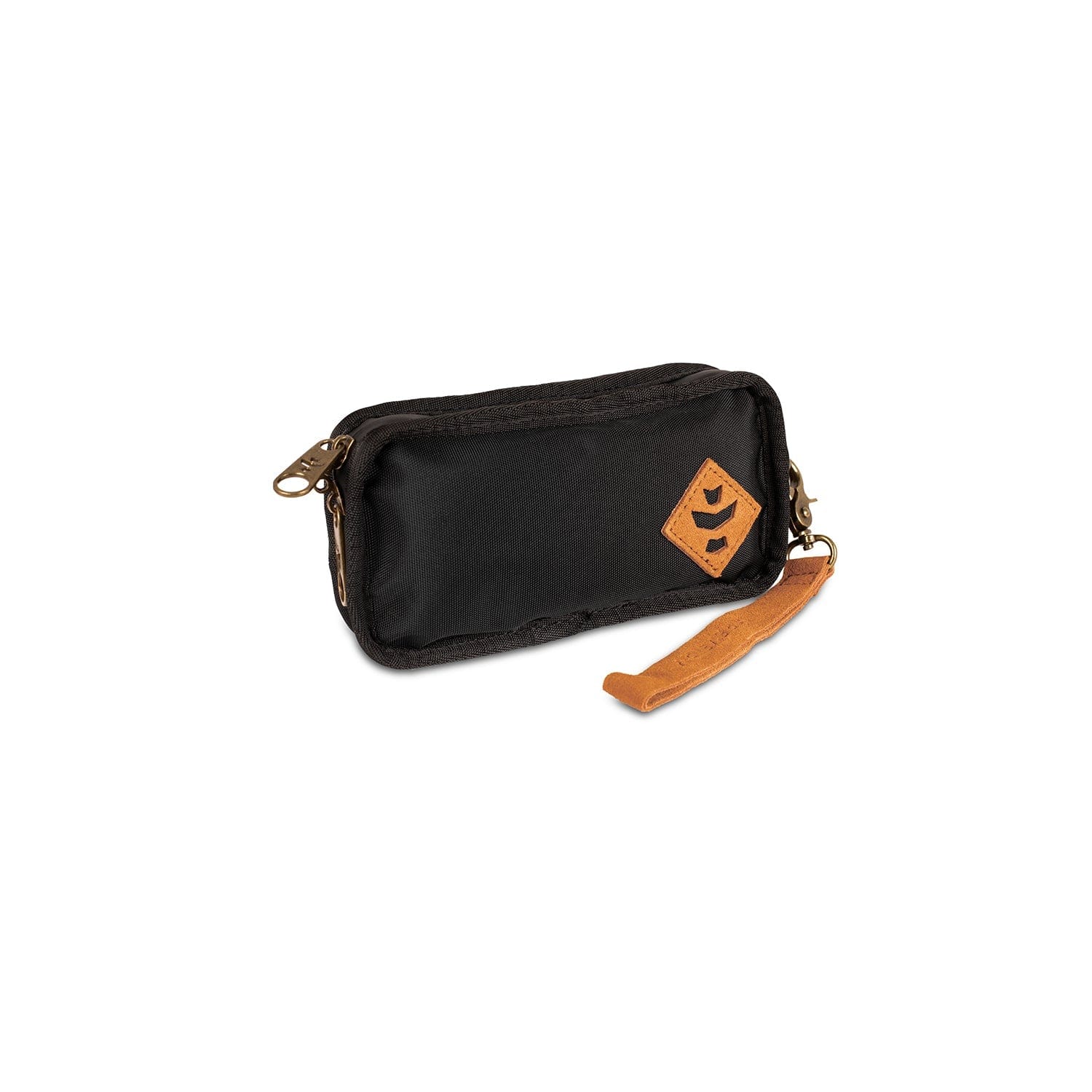 Front view of The Gordito - Smell Proof Padded Pouch, a black zippered pouch with a tan pull tab.