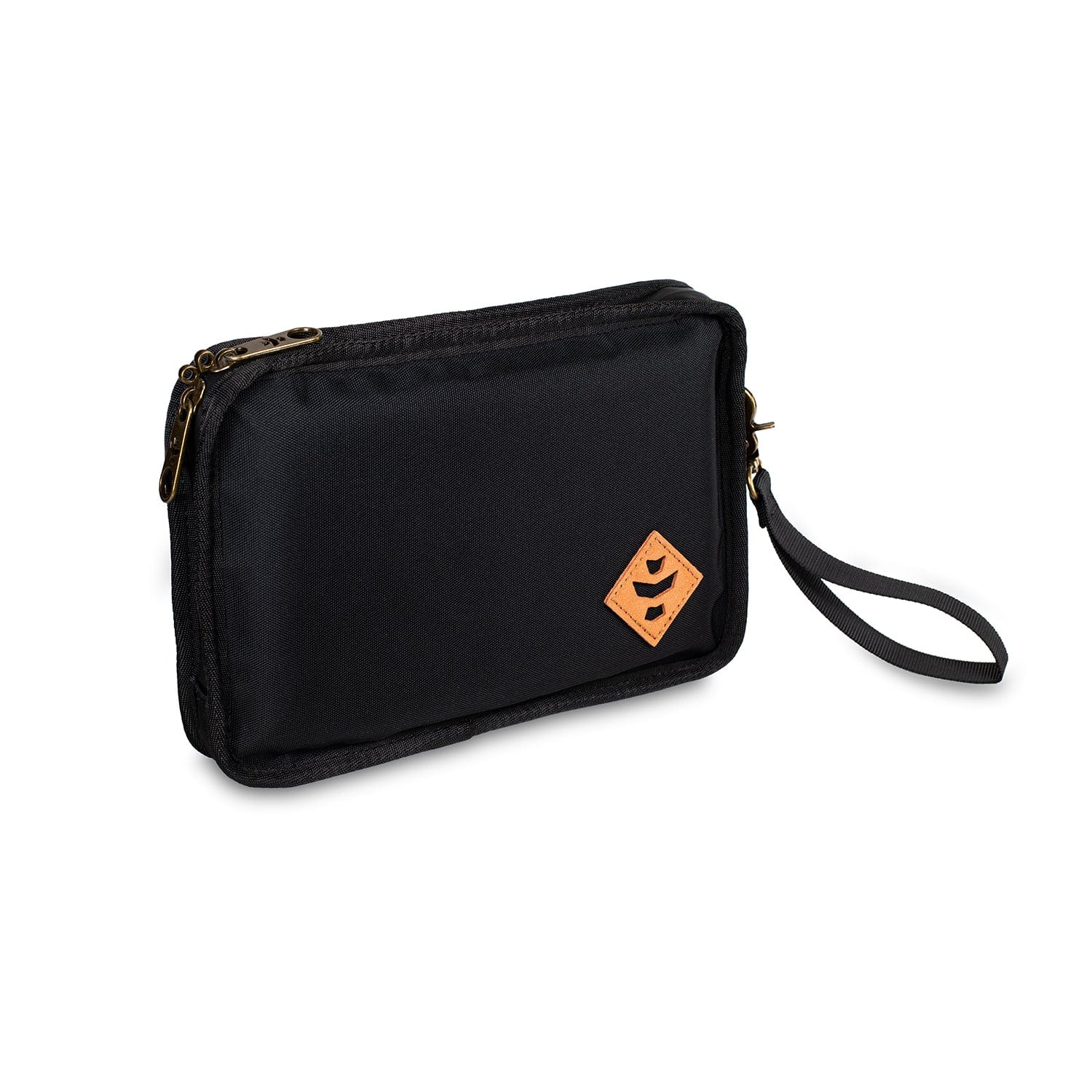 A three-quarter view of The Gordo - Smell Proof Padded Pouch, featuring a black zippered closure and carrying handle against a white backdrop.