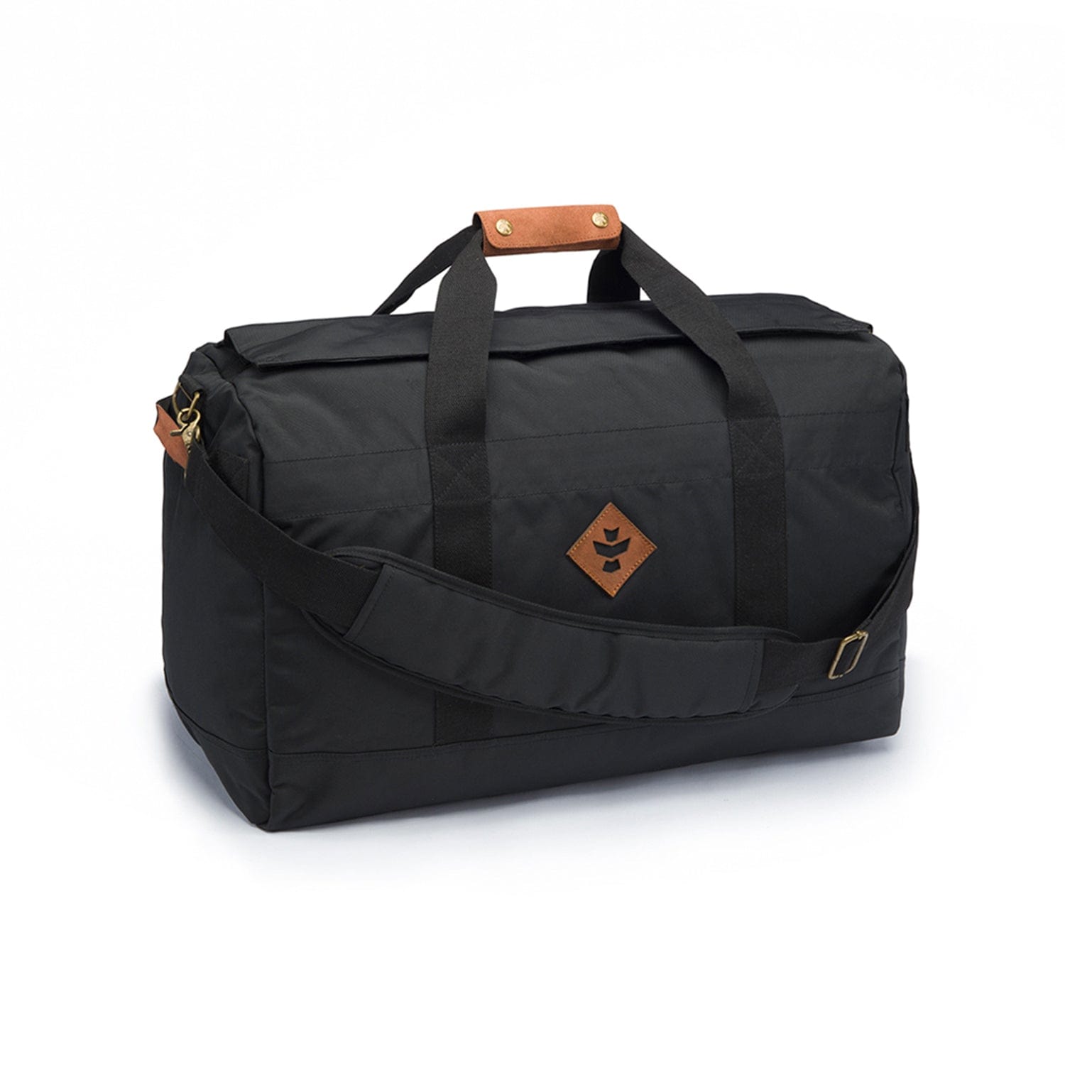 Angled front view of The Weekender - Smell Proof Medium Duffle in dark grey with black straps and tan leather handle accents on a white background.