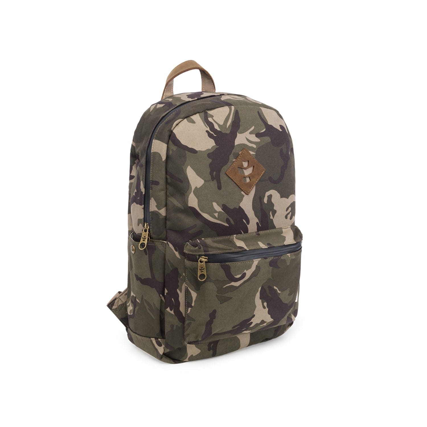 Front view of The Explorer - Smell Proof Backpack, a dark green canvas bag with a centered zipper and simple shoulder straps.