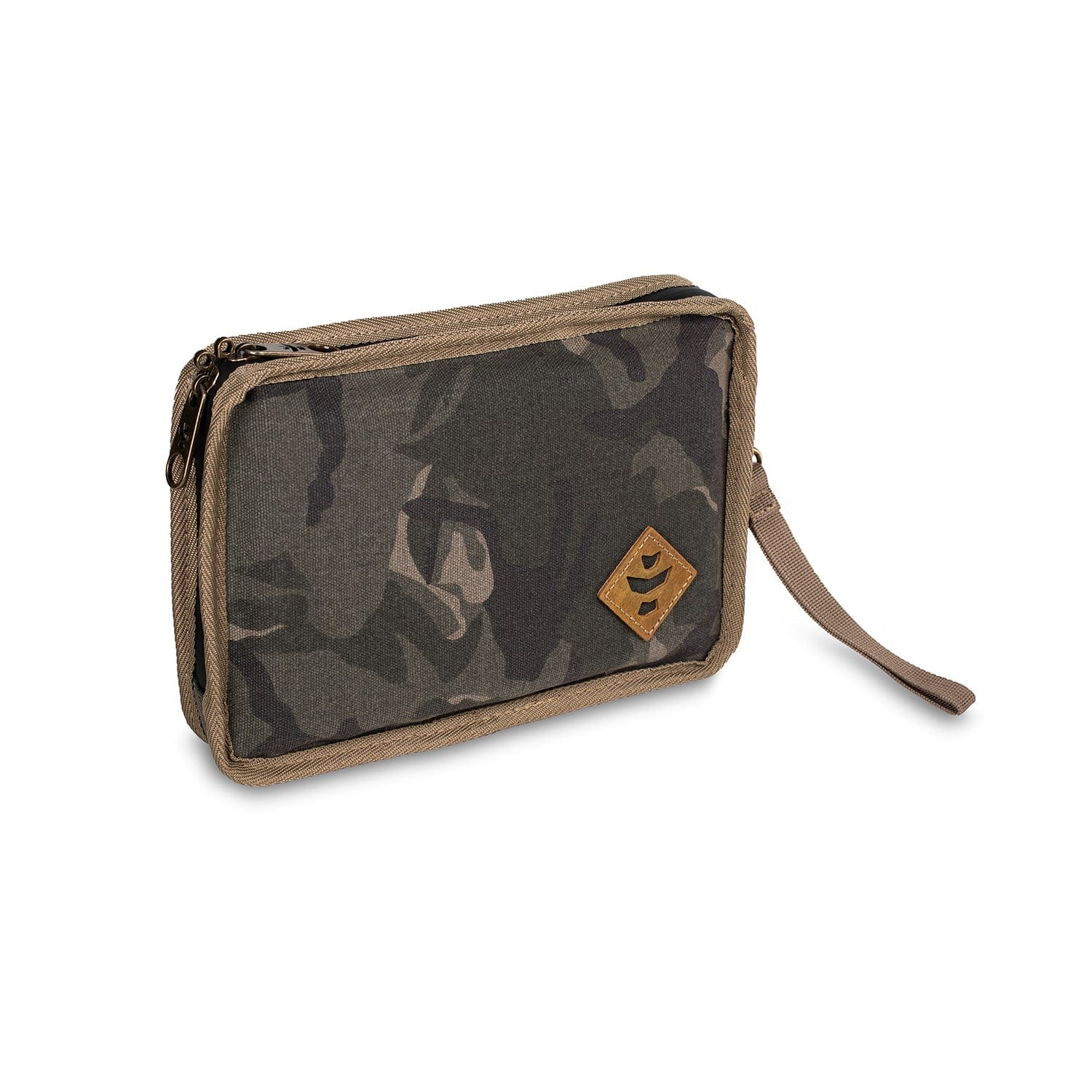 A slightly angled view of The Gordo - Smell Proof Padded Pouch in dark gray, featuring a zipper and carrying strap.