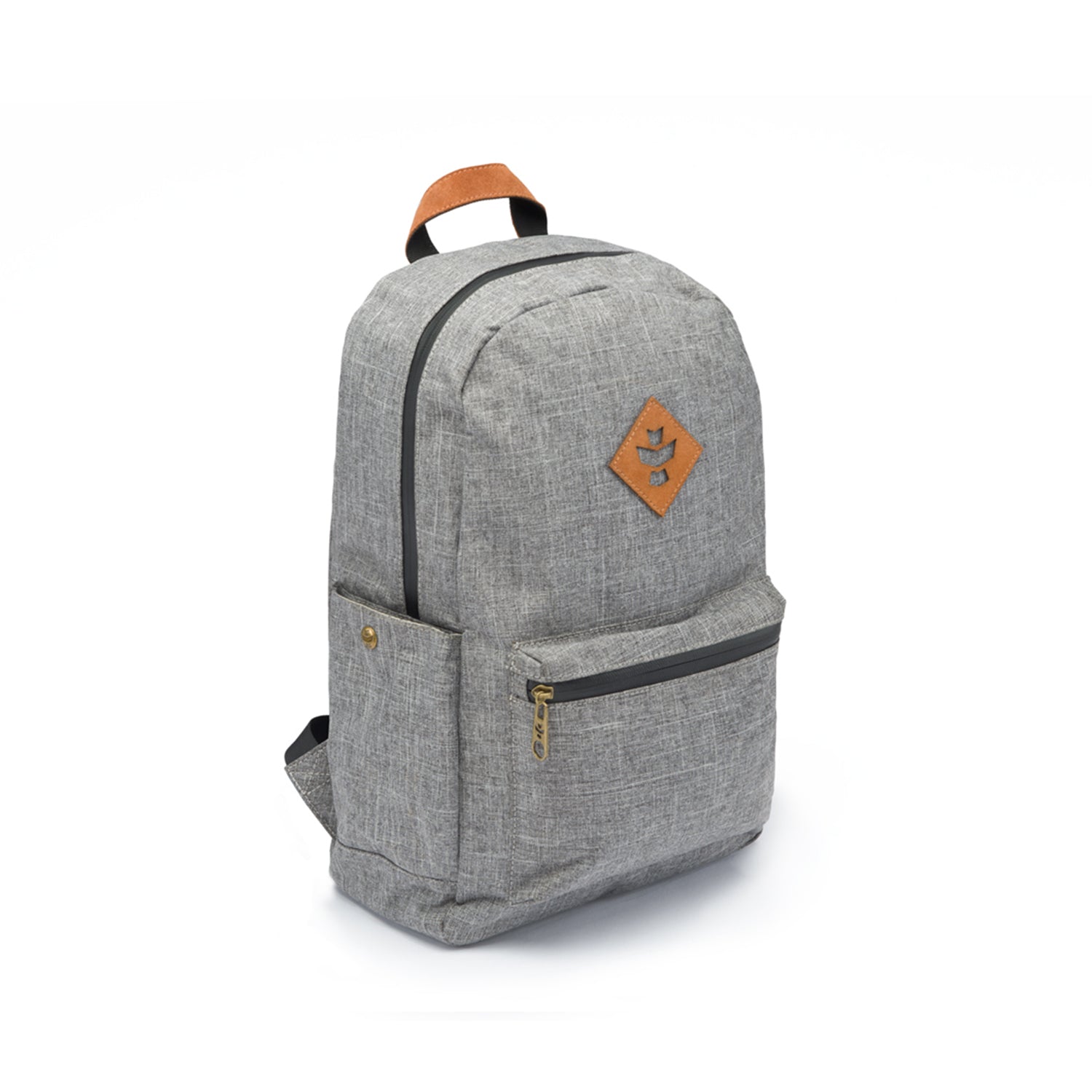 Front view of The Explorer - Smell Proof Backpack, a gray backpack with a zippered pocket, against a plain white background.