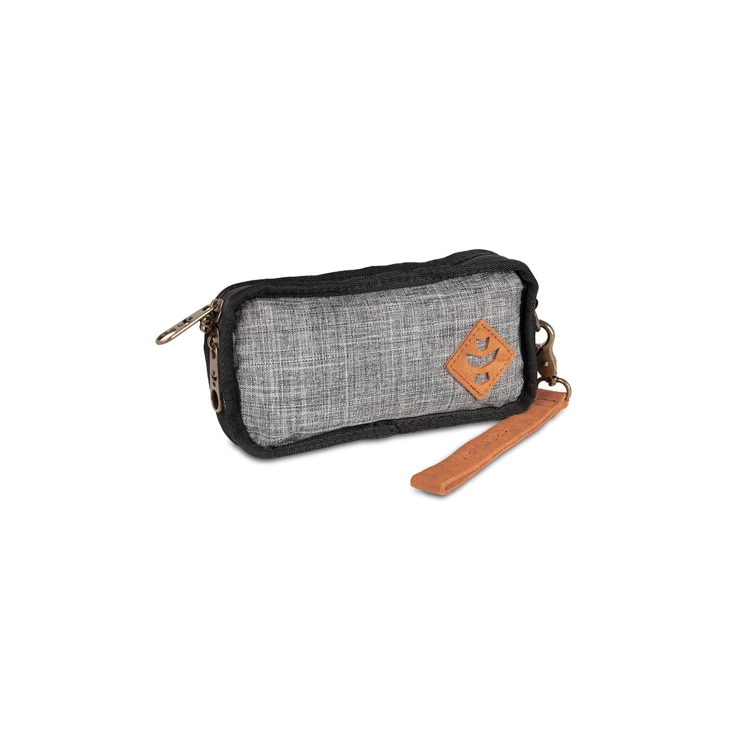 A slightly angled close-up of The Gordito - Smell Proof Padded Pouch, a zippered, dark grey pouch with a small loop attached.