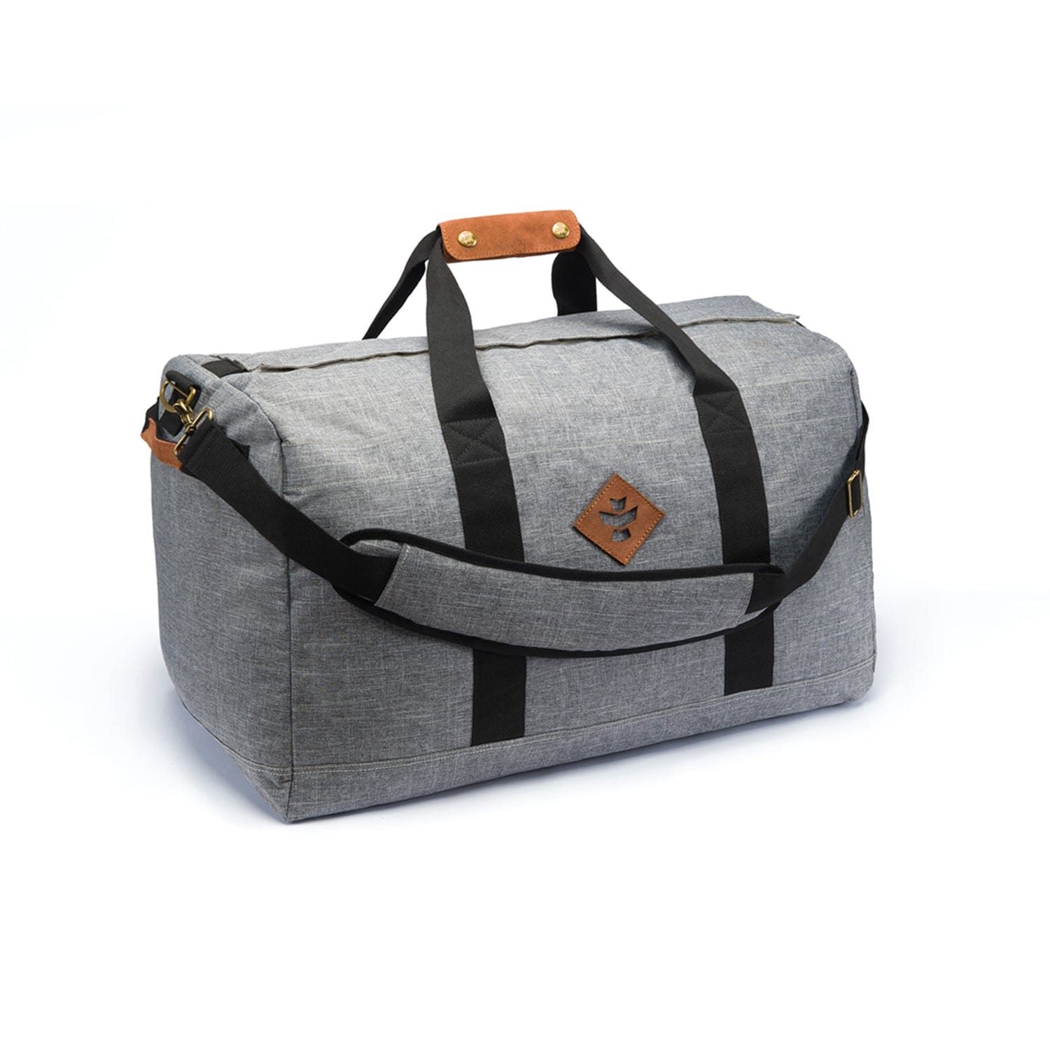 Angled front view of The Weekender - Smell Proof Medium Duffle in gray fabric with black straps, leather accents, and brass hardware on a white background