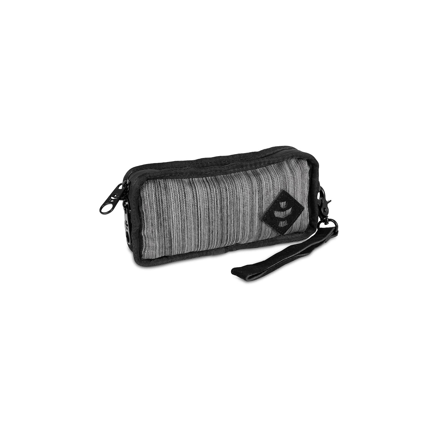 Front view of The Gordito - Smell Proof Padded Pouch, a zippered, dark gray pouch with a black carry strap.