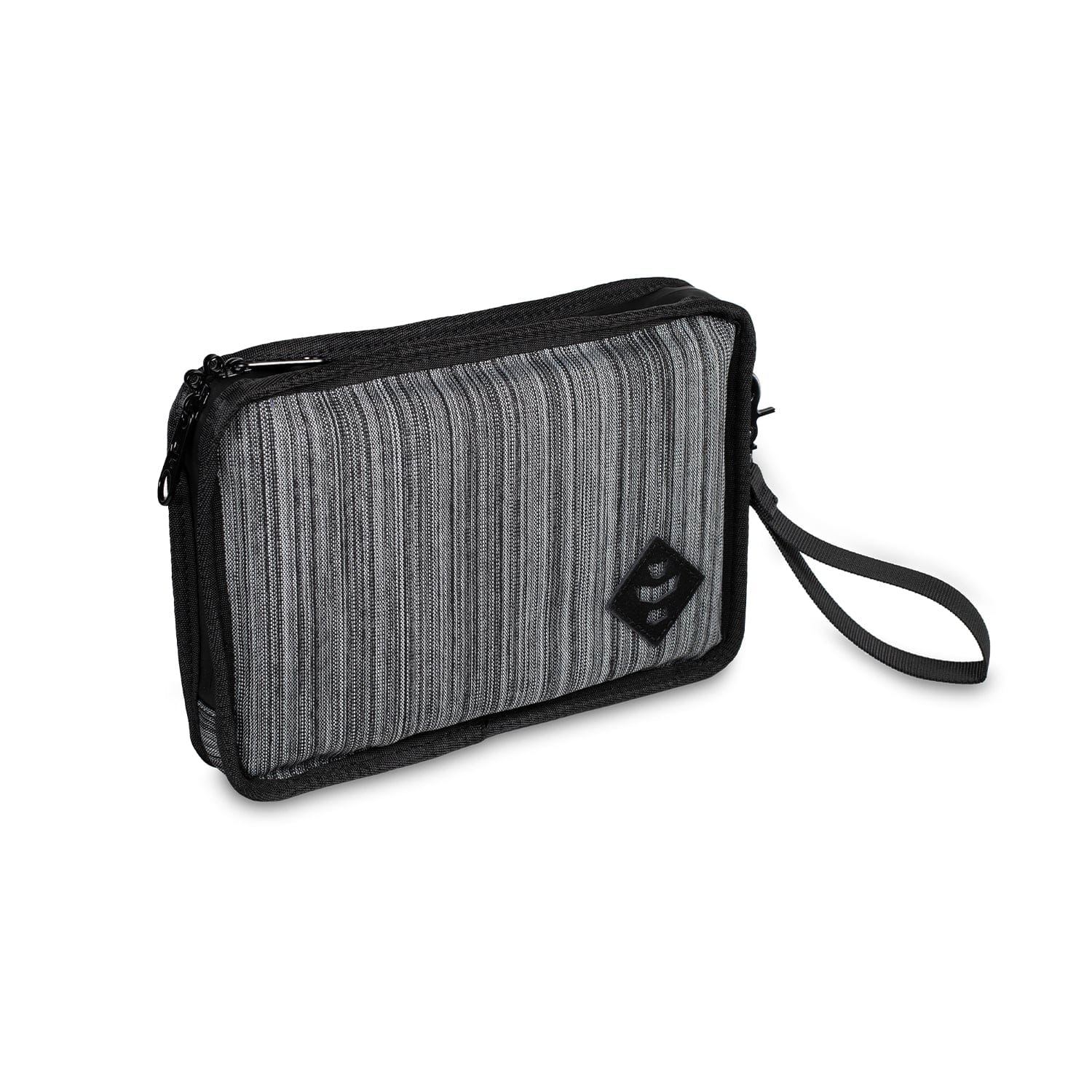The Gordo - Smell Proof Padded Pouch, shown at a slight angle against a white backdrop, features a dark gray, zippered exterior with a black carry handle.